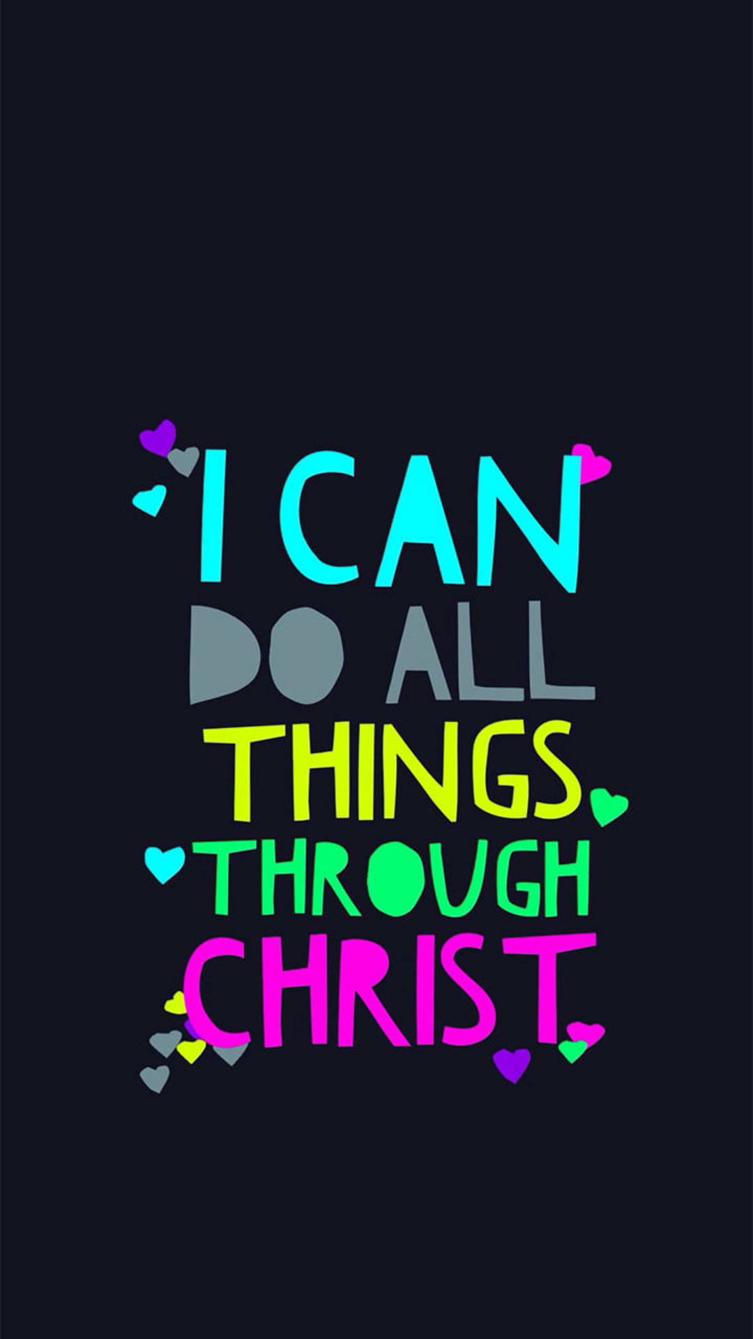 neon text, I CAN DO ALL THINGS THROUGH CHRIST, dark background, Full HD Phone Wallpaper