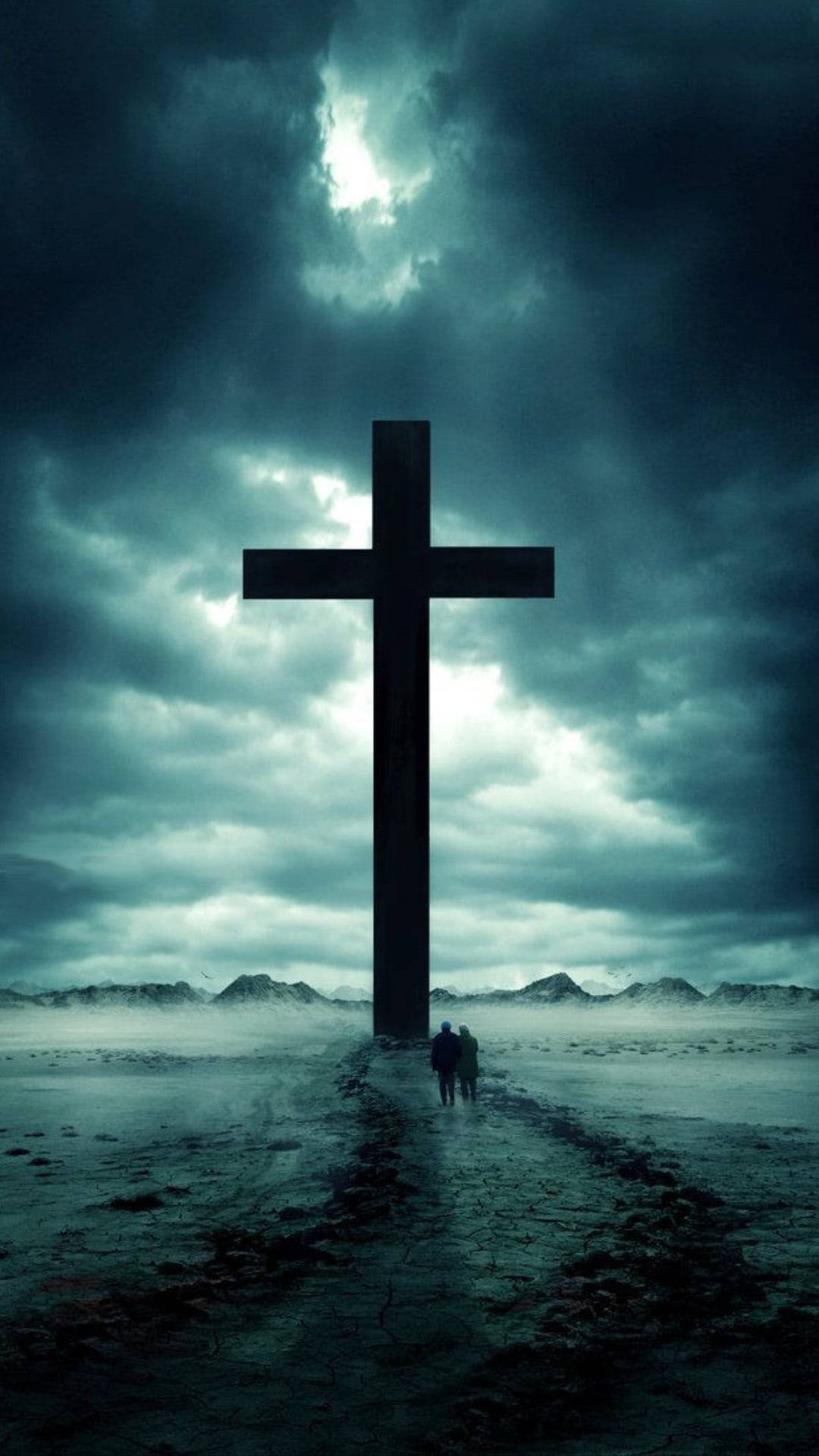 Pathway to Jesus Cross, towering cross, stormy teal sky, Full HD Phone Wallpaper