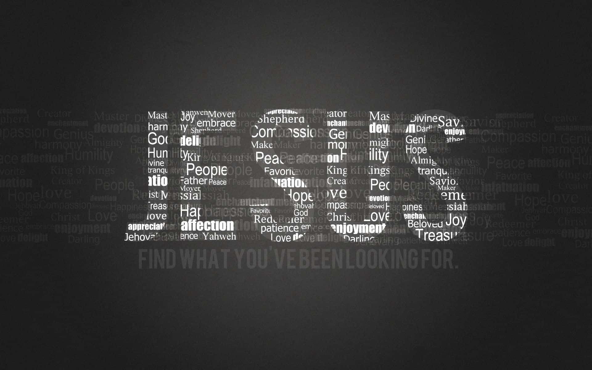 Jesus, dark gradient background, faint religious and spiritual words, Full HD Desktop Wallpaper