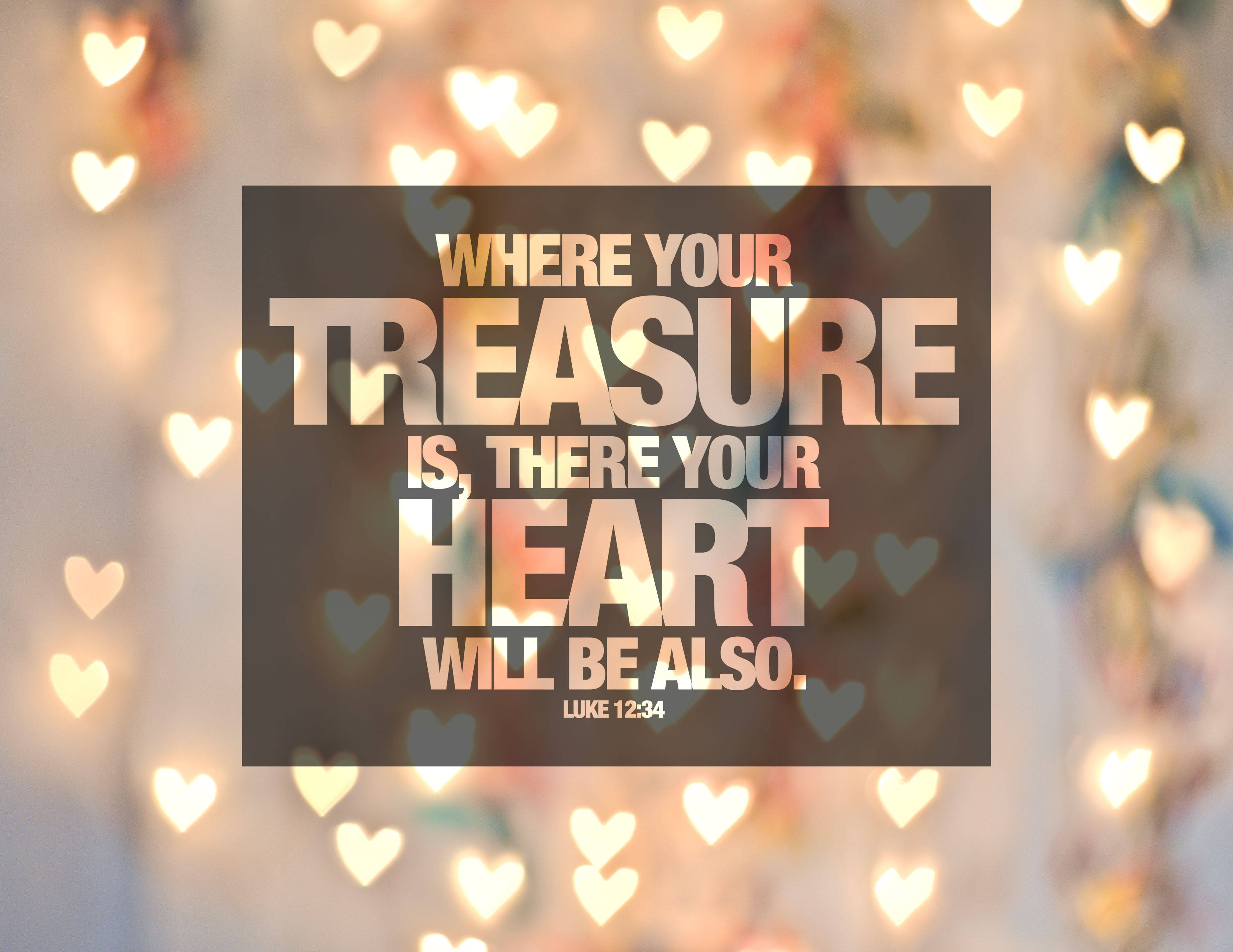 Treasure Bible Quote, Bible verse, heart-shaped lights, 2K Desktop Wallpaper