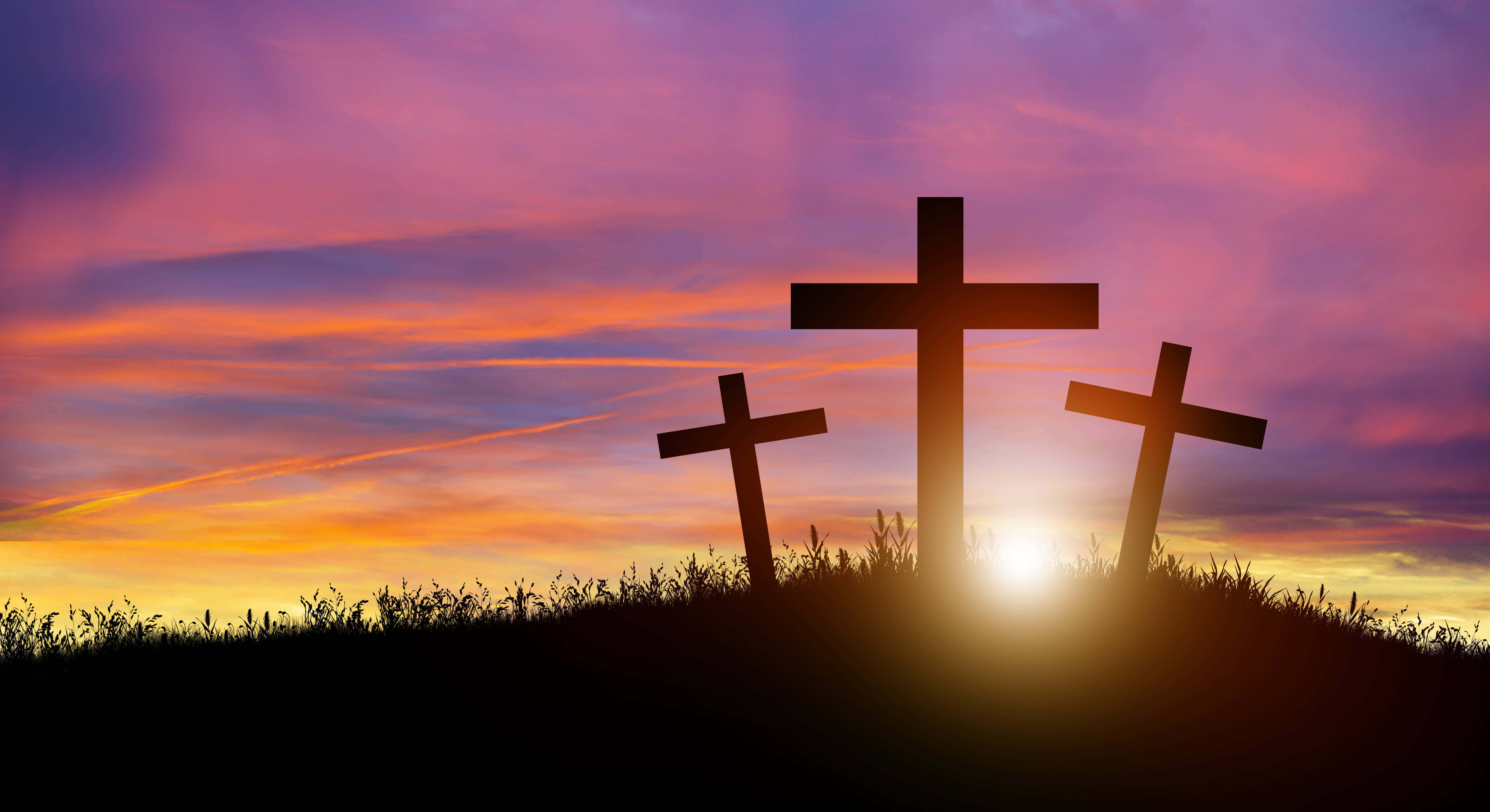 Jesus Resurrection, 3 crosses, vibrant sunset sky, 5K Desktop Wallpaper