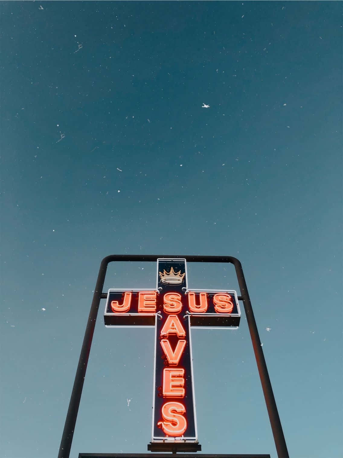 JESUS SAVES, glowing red neon cross, clear blue sky, HD Phone Wallpaper