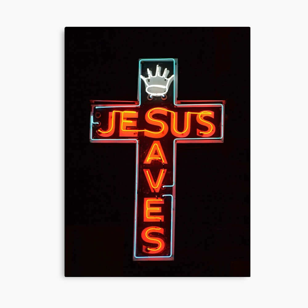 Jesus Saves, neon cross, bold red letters, SD Desktop Wallpaper