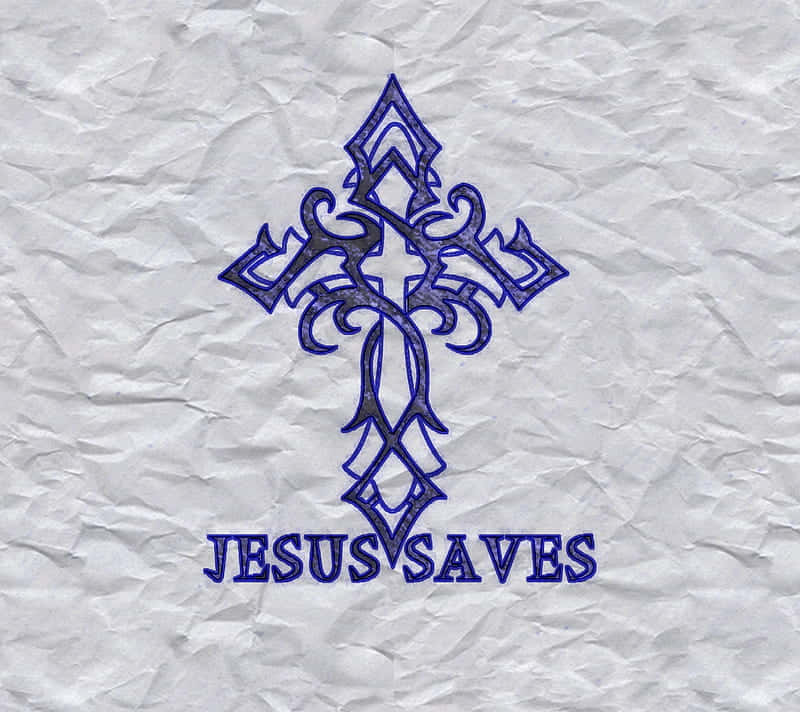 Jesus Saves, blue cross, crumpled white paper, SD Desktop Wallpaper