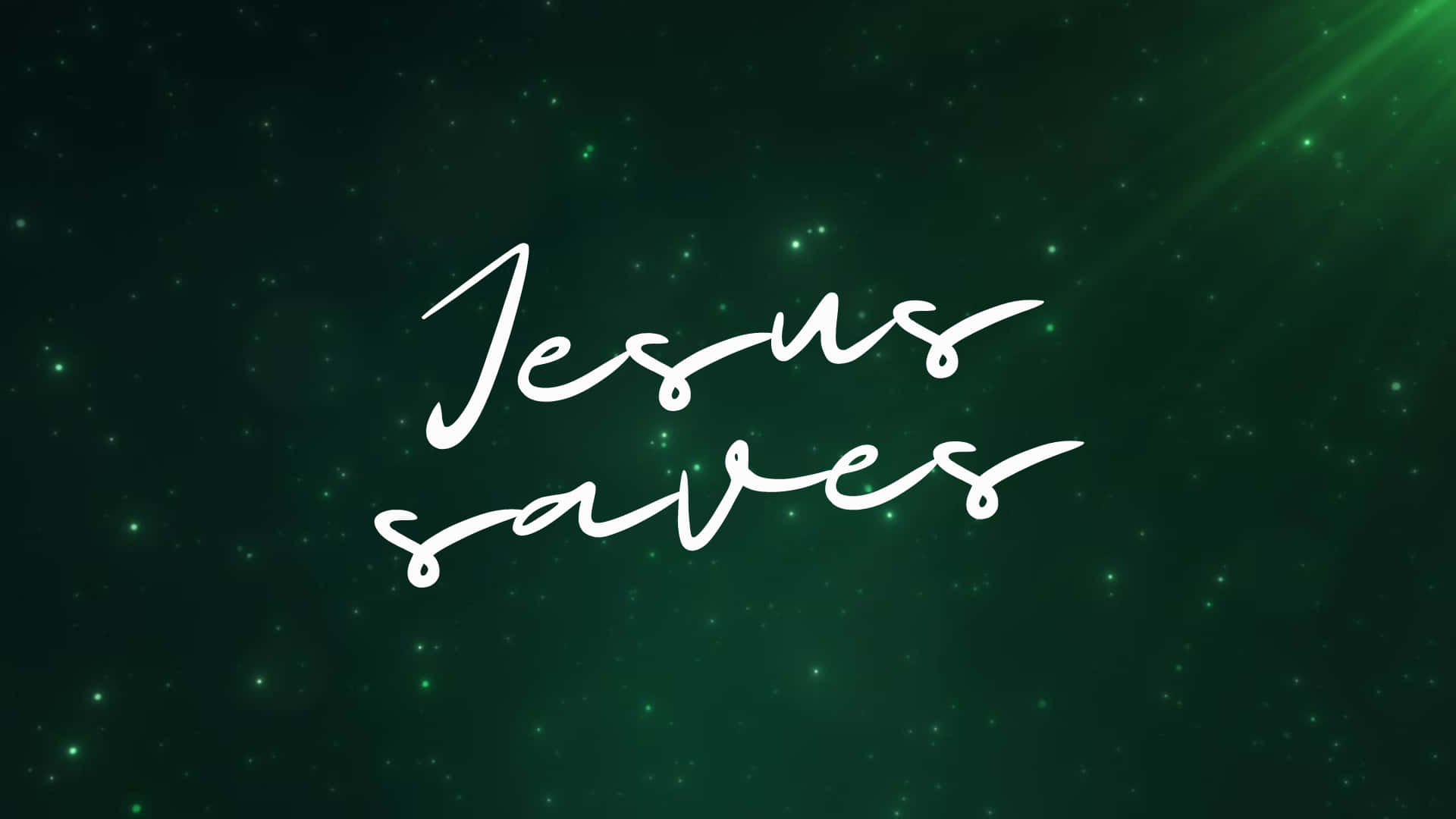 Jesus Saves, white cursive text, deep green starfield, Full HD Desktop Wallpaper