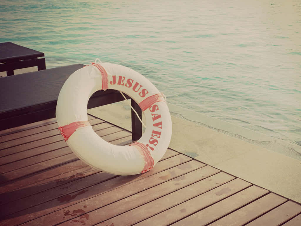 Jesus Saves, wooden deck, life preserver, SD Desktop Wallpaper