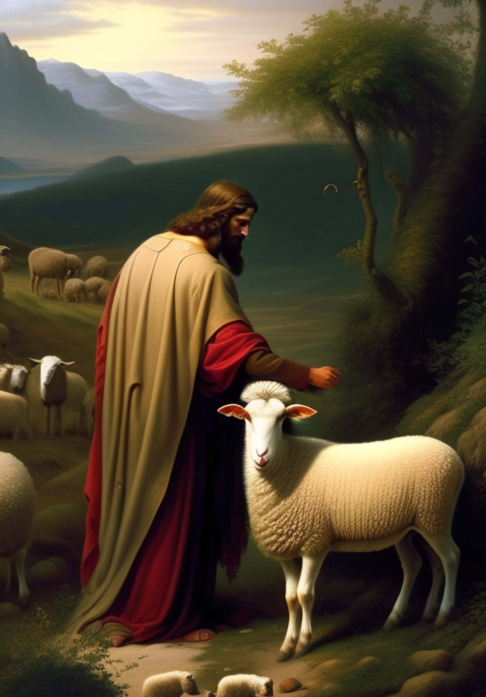 Jesus, sheep, red and gold robes, 2K Phone Wallpaper