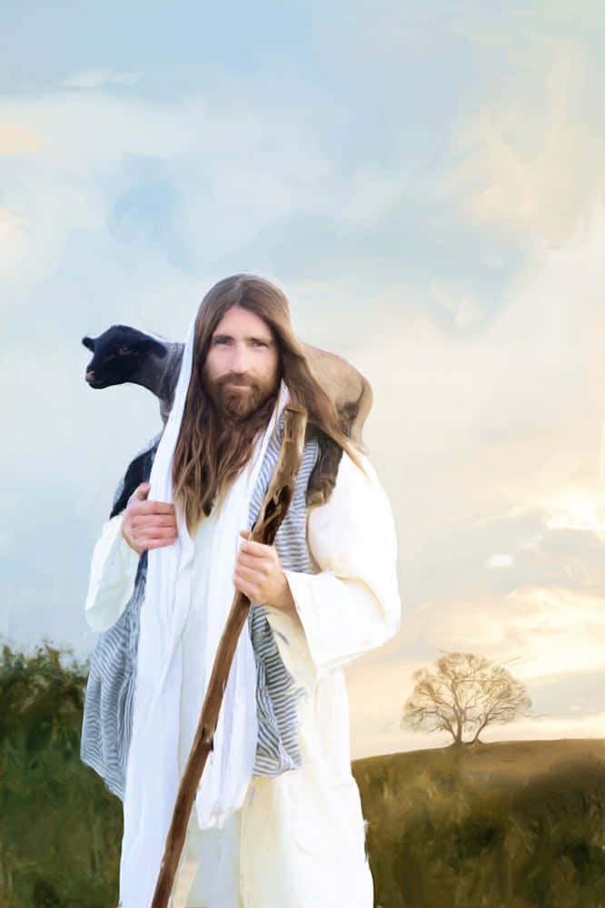 Jesus With Sheep, black lamb, soft sky, SD Phone Wallpaper