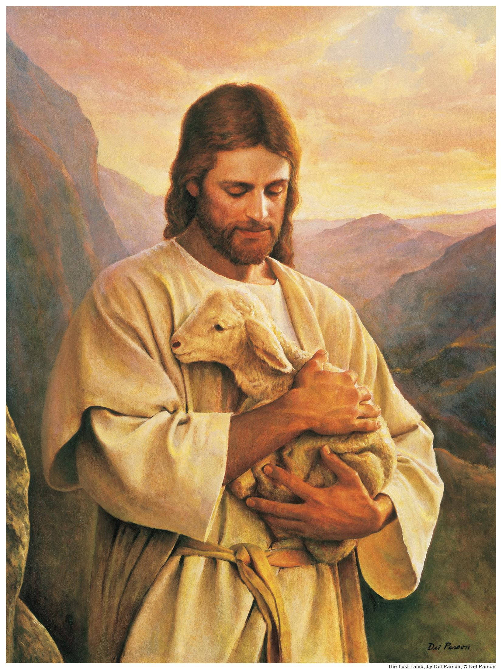 Jesus, lamb, warm sunset mountain backdrop, Full HD Phone Wallpaper