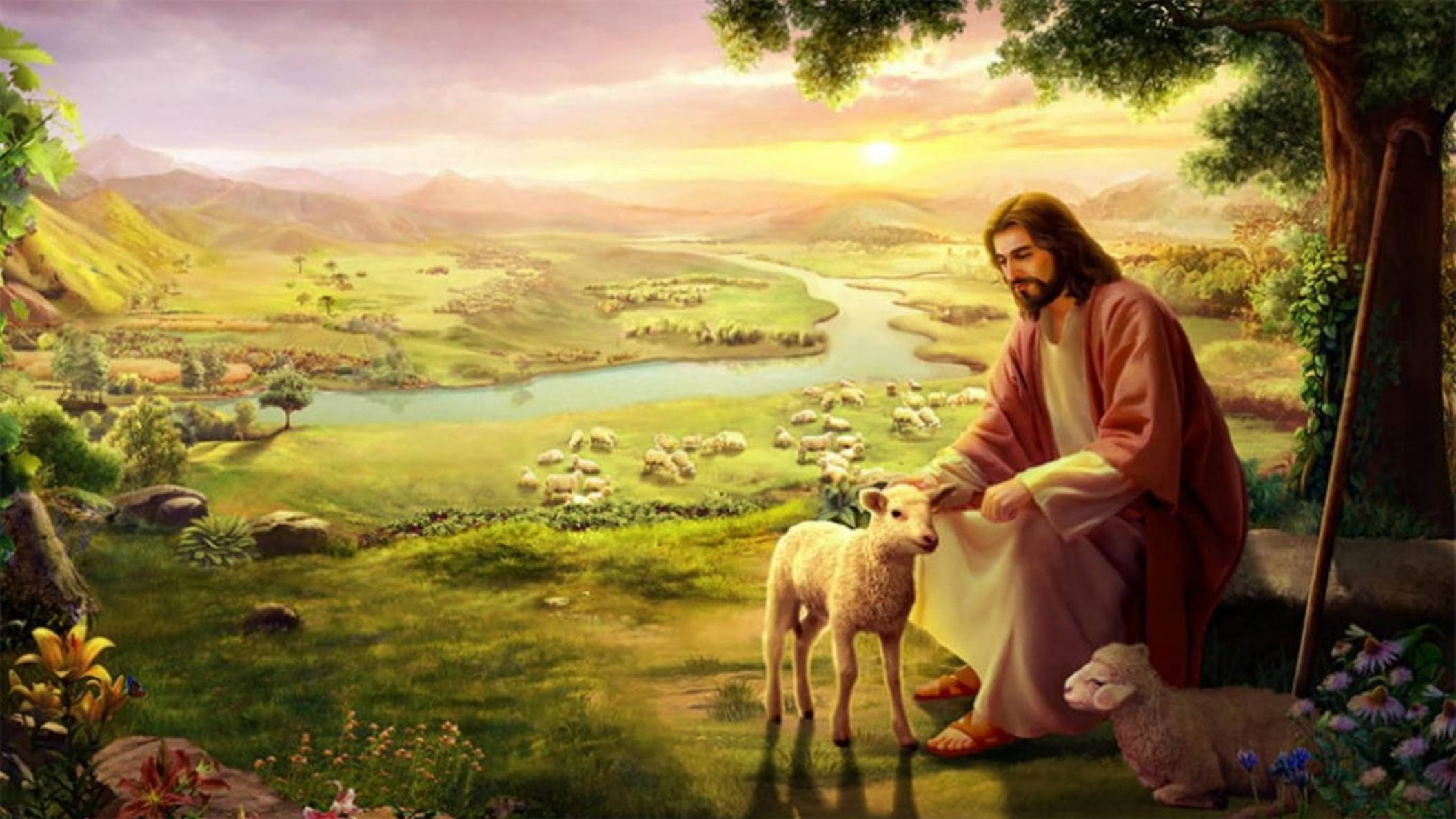 Jesus, lamb, river, Full HD Desktop Wallpaper