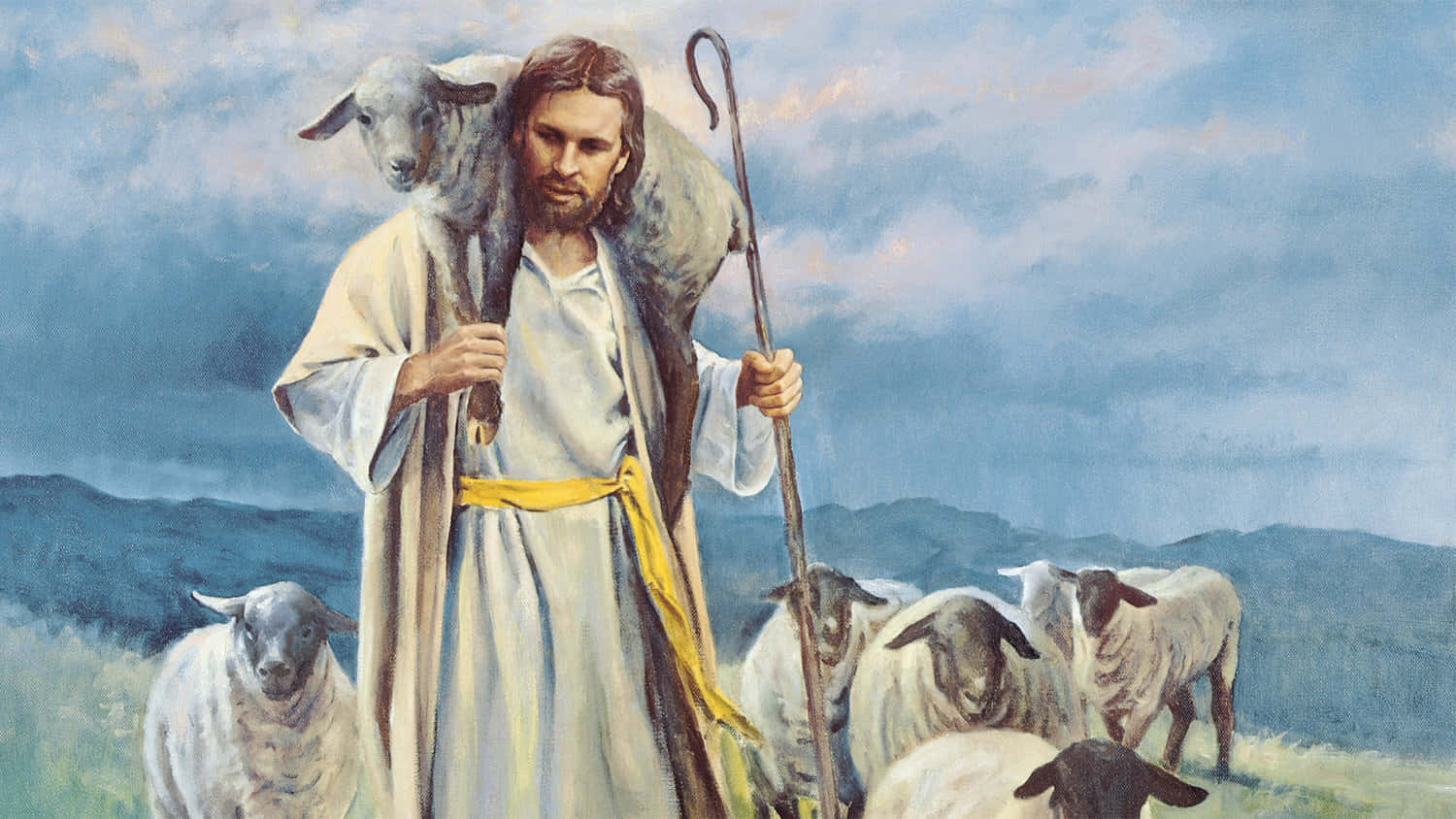 Jesus, sheep, white robes, HD Desktop Wallpaper