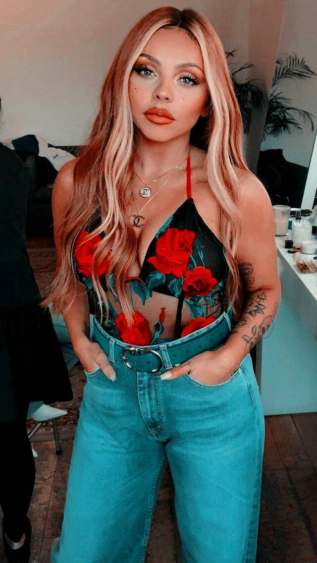 Jesy Nelson, red rose print top, teal jeans, SD Phone Wallpaper