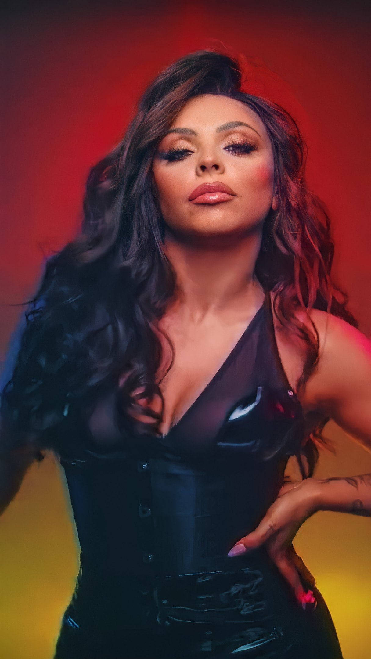 Jesy Nelson, body fitted suit, black corset, Full HD Phone Wallpaper