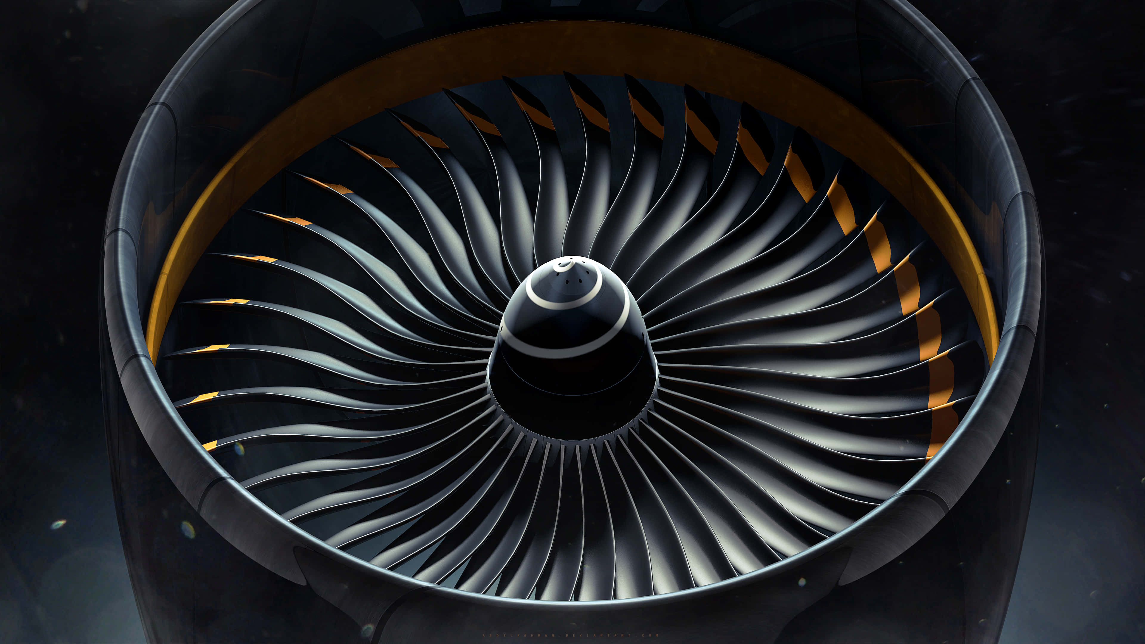 jet engine, turbine blades, glowing with warm light, 4K Desktop Wallpaper