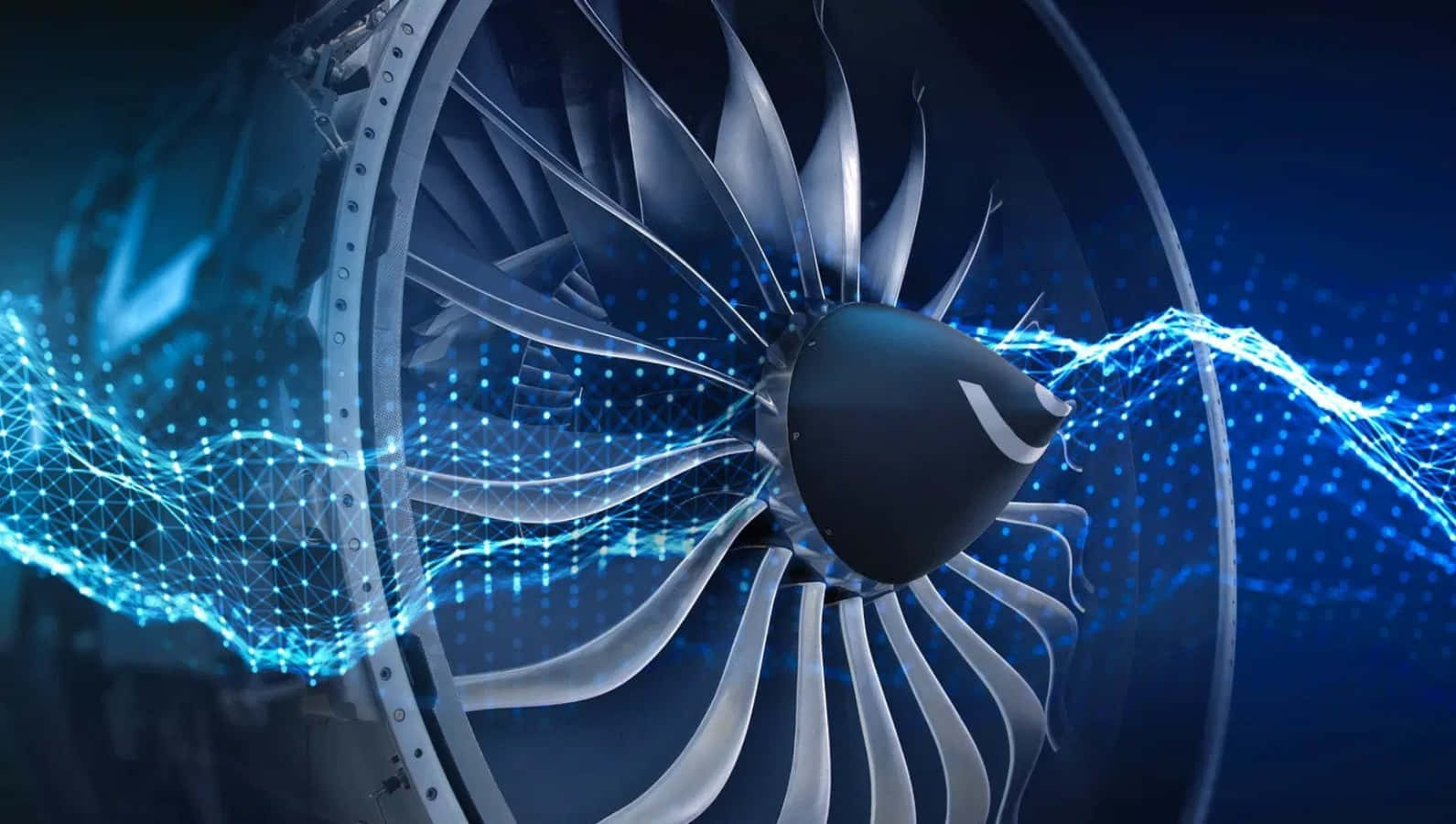 jet engine, glowing blue digital energy waves, turbine blades, HD Desktop Wallpaper