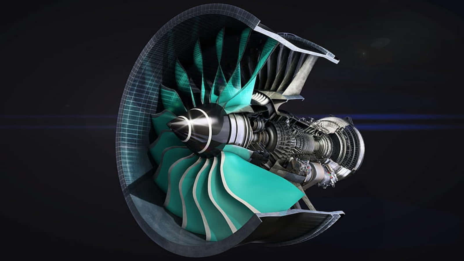 jet engine, teal turbine blades, metallic internals, HD Desktop Wallpaper