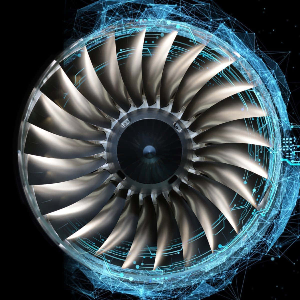 jet engine, futuristic jet engine turbine, glowing blue digital circuitry, SD Desktop Wallpaper