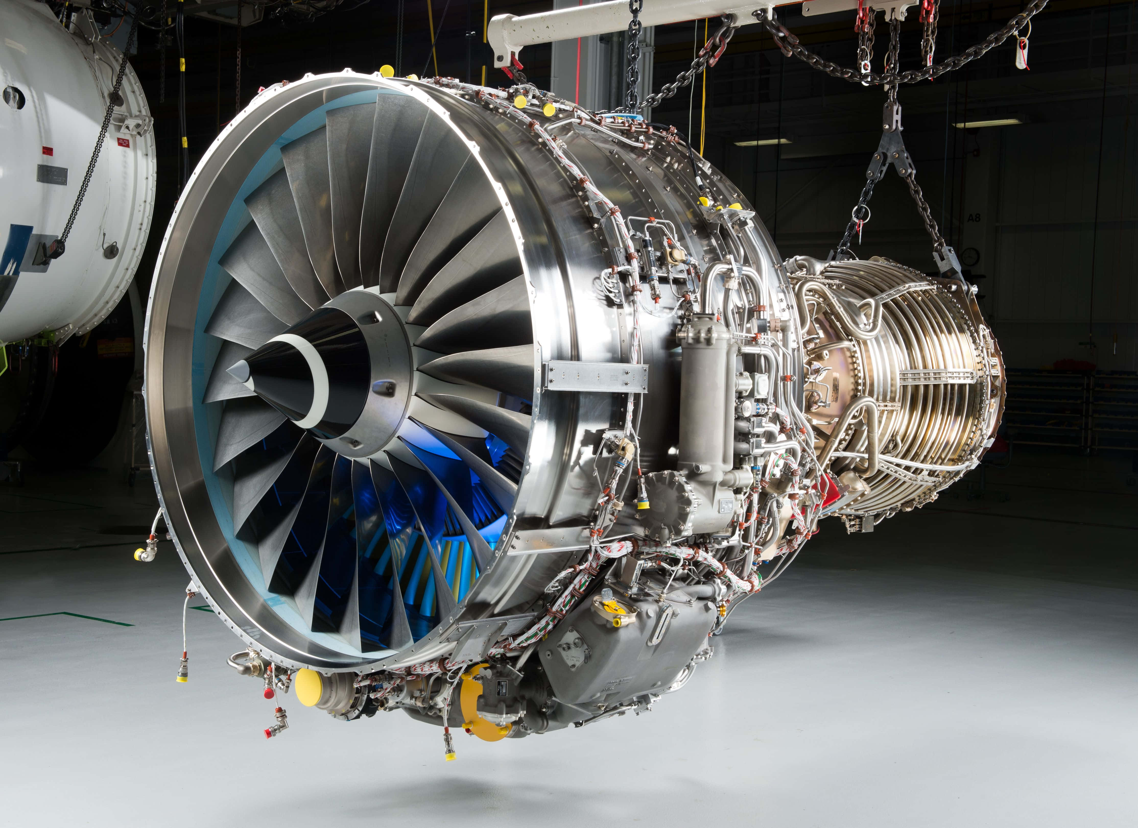 jet engine, hangar, blue-tinted fan blades, 4K Desktop Wallpaper