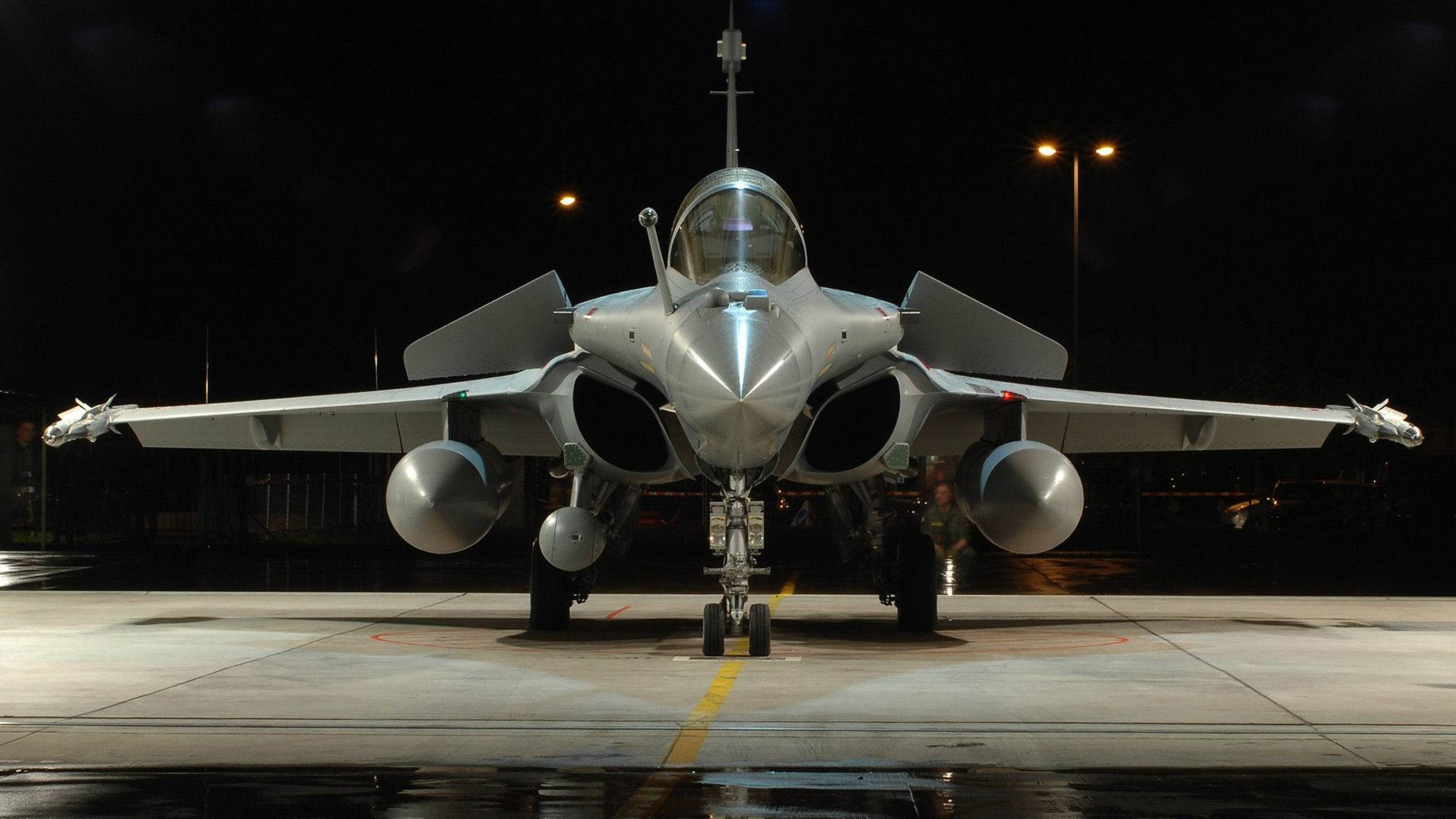 sleek silver fighter jet, wet tarmac, night lights, Full HD Desktop Wallpaper