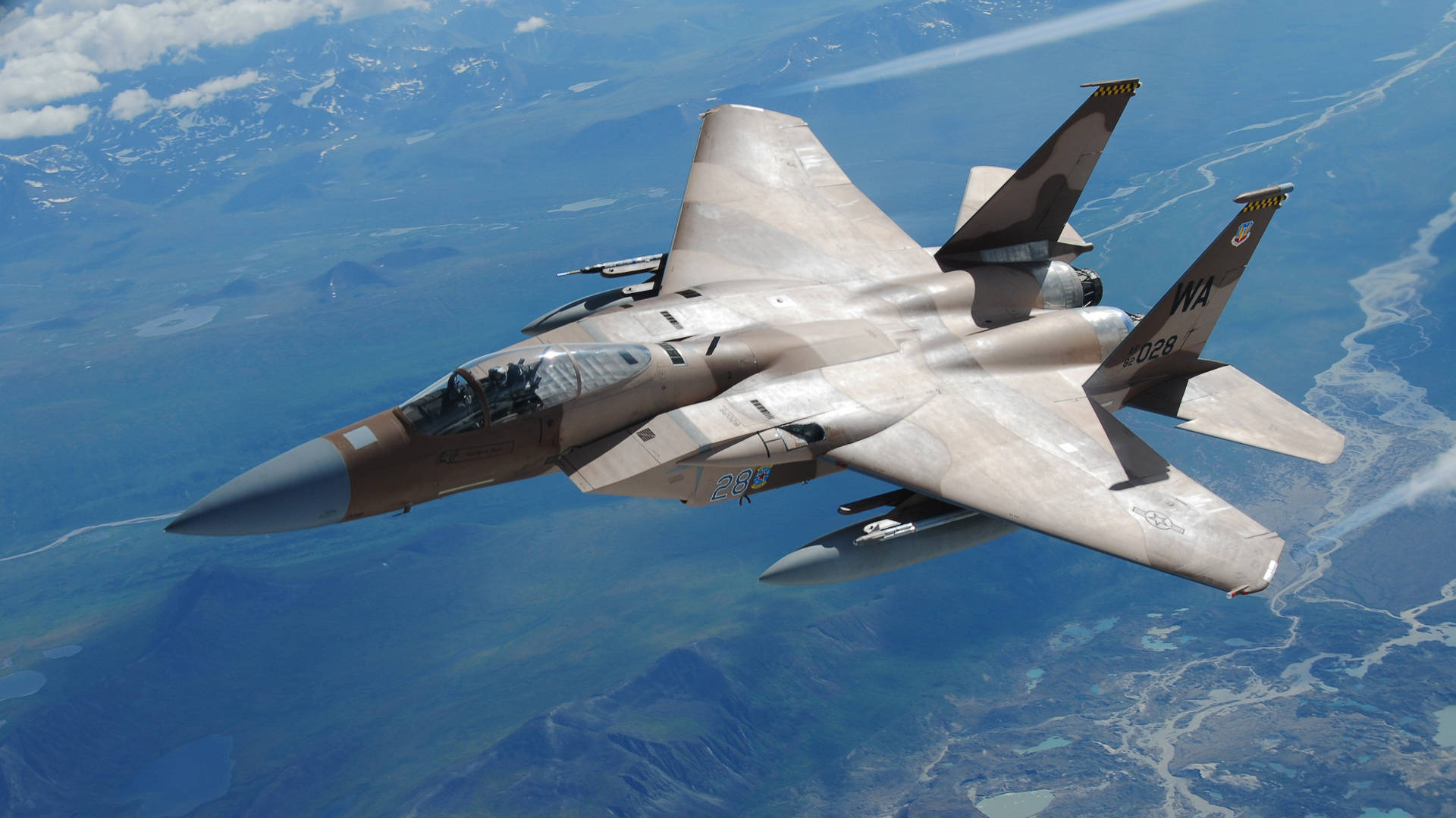 fighter jet, mountainous terrain, blue rivers, Full HD Desktop Wallpaper