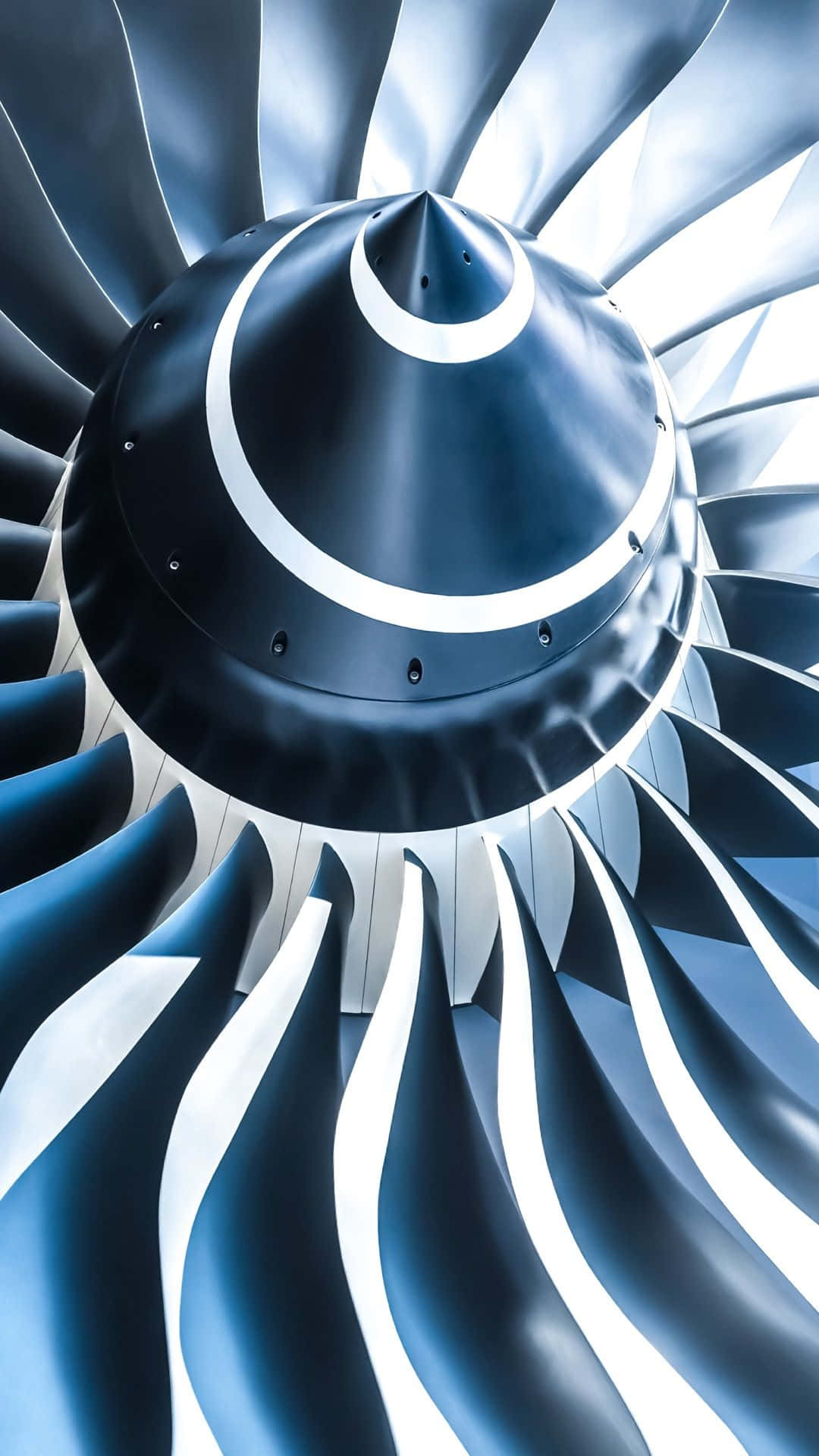 jet engine, turbine, sleek blue and white blades, Full HD Phone Wallpaper