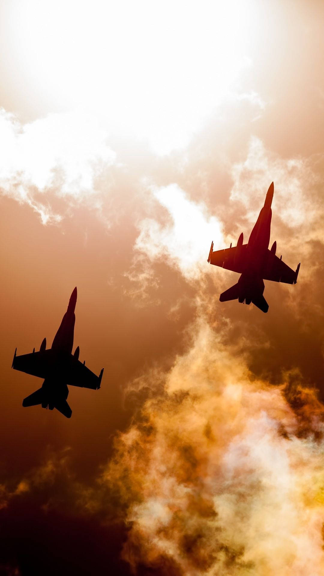 jet fighter, fiery sunset, orange clouds, Full HD Phone Wallpaper