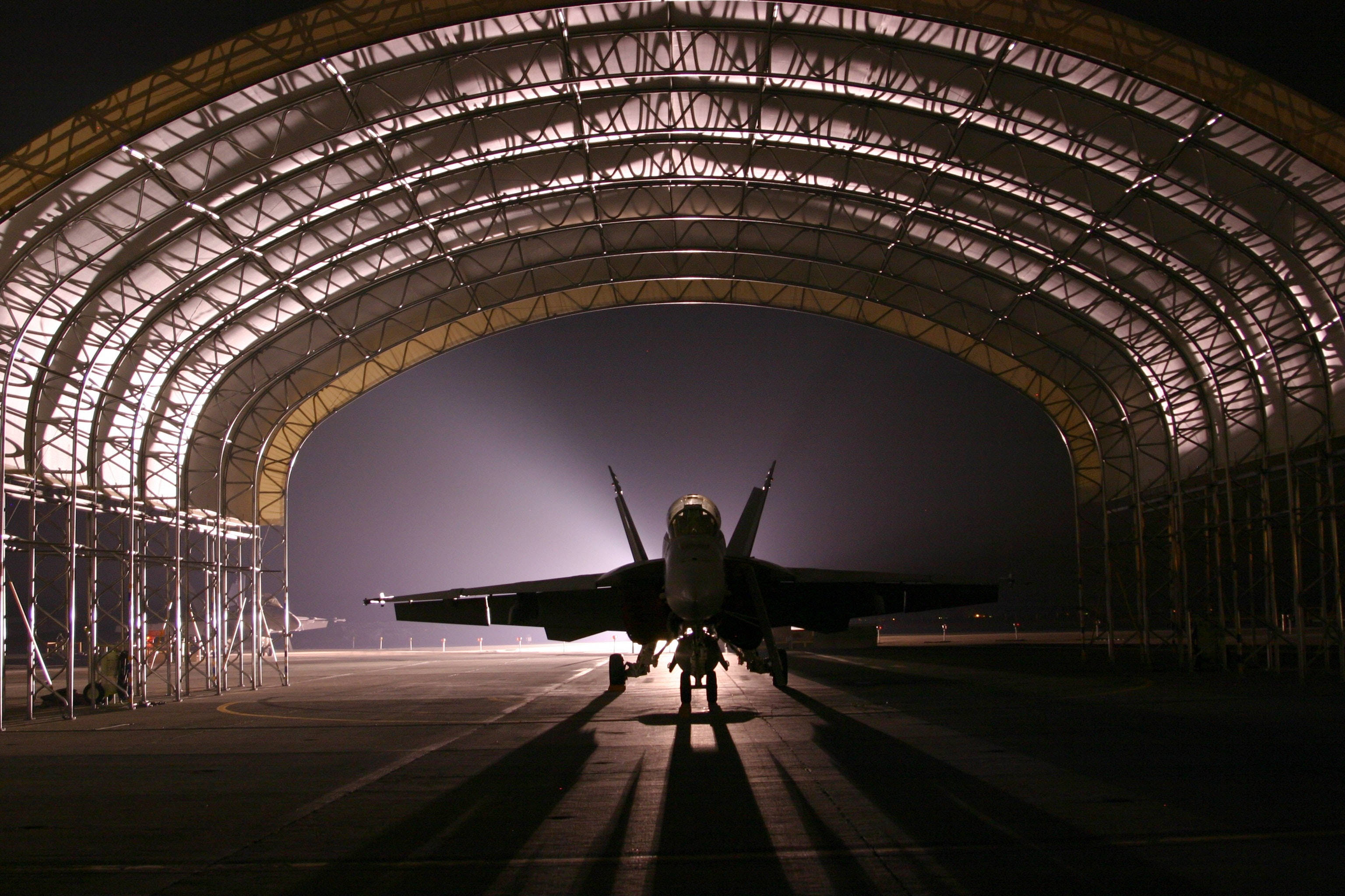hangar, fighter jet, night, 2K Desktop Wallpaper