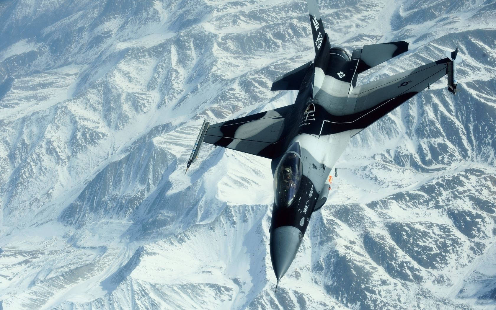 fighter jet, snow-covered mountain range, clear skies, HD Desktop Wallpaper