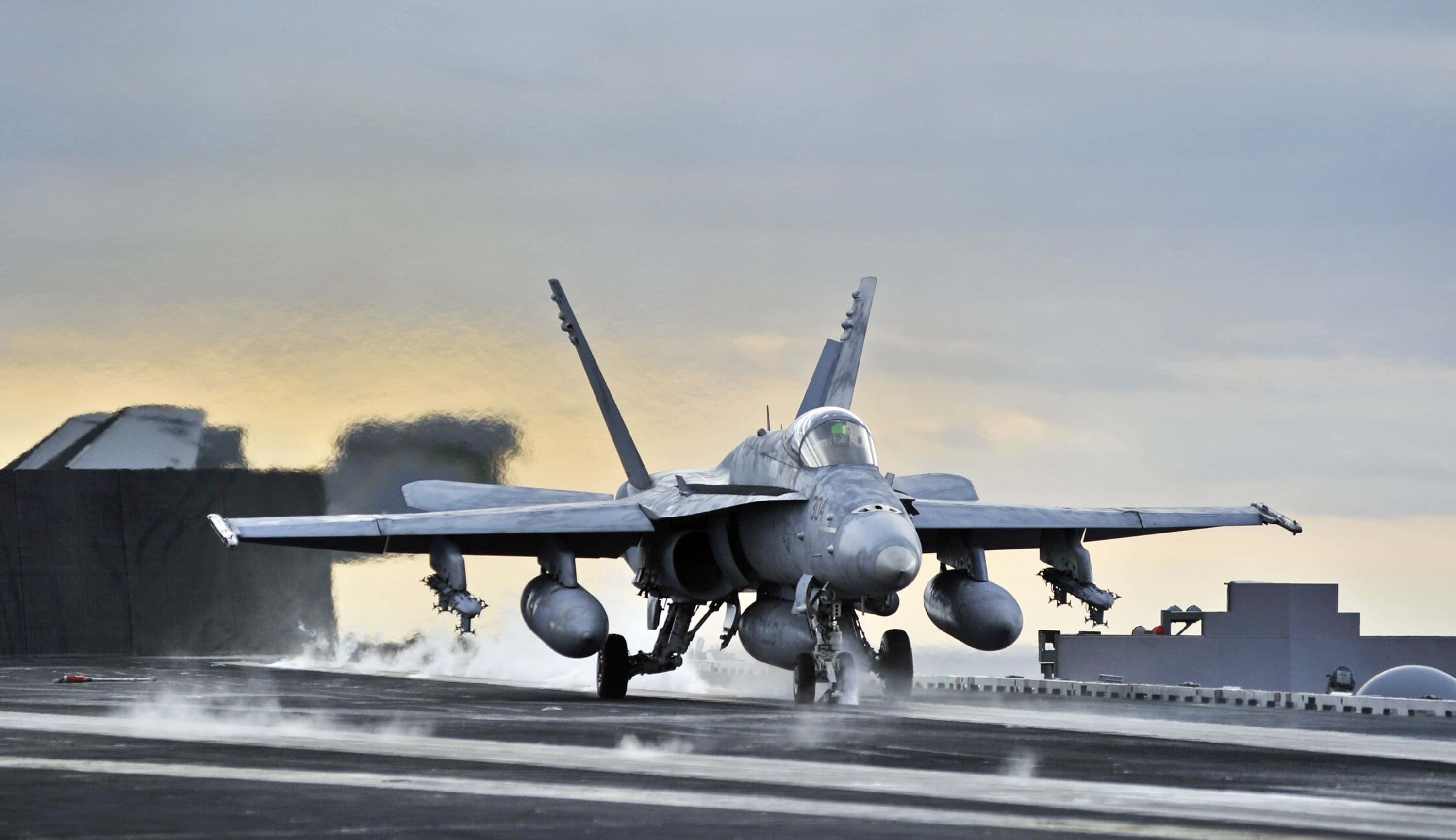 fighter jet, aircraft carrier deck, sunset, 2K Desktop Wallpaper