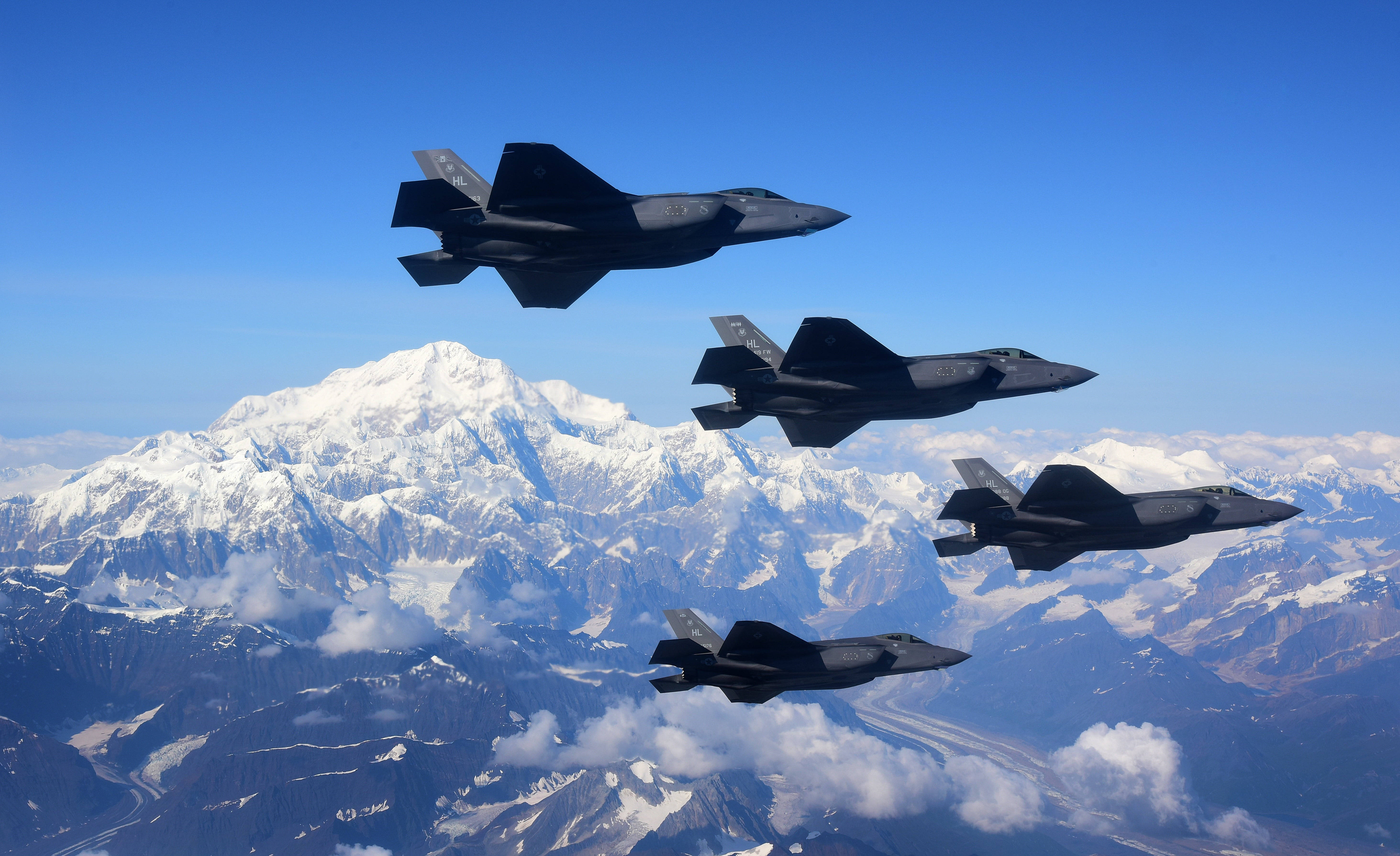 jet fighter formation, sleek fighter jets, snowcapped mountain range, 5K Desktop Wallpaper