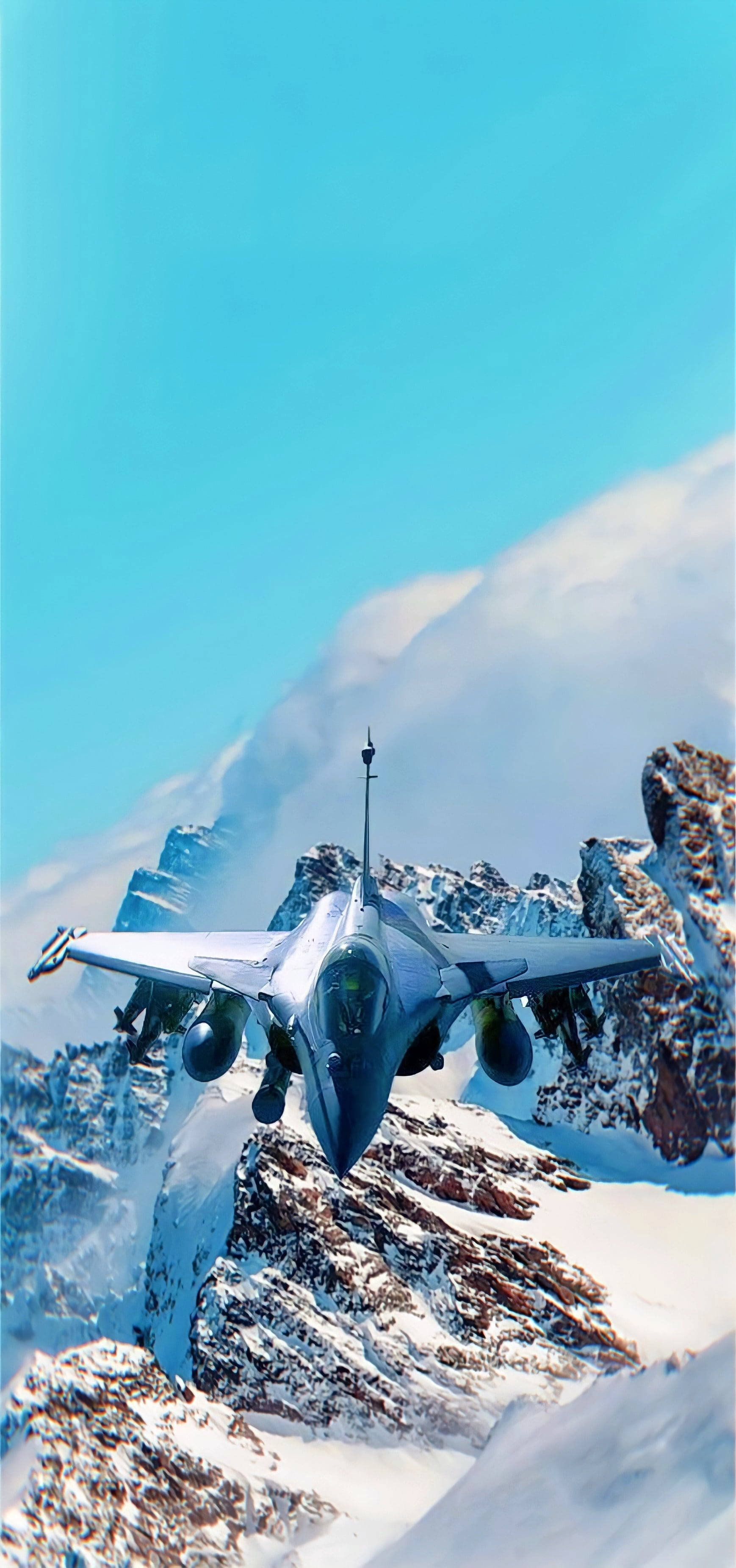 fighter jet, snowcapped mountain peaks, clear blue sky, 2K Phone Wallpaper