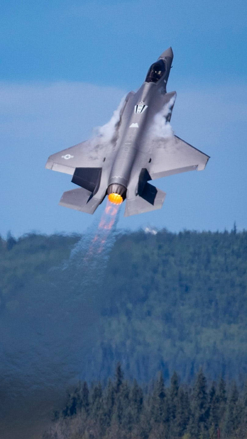 gray fighter jet, clear blue sky, fiery exhaust, HD Phone Wallpaper
