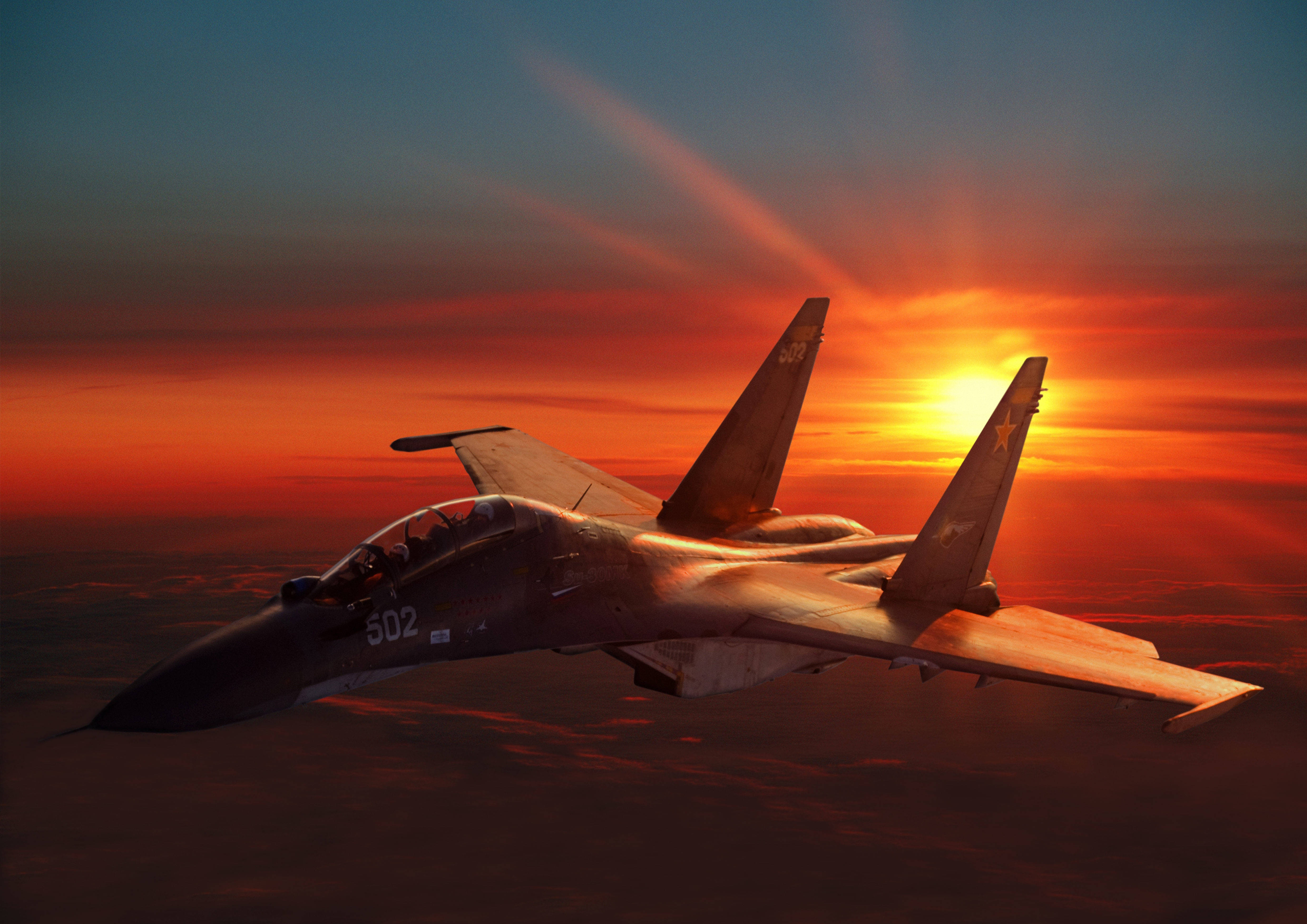 fighter jet, fiery sunset sky, glowing orange clouds, 4K Desktop Wallpaper