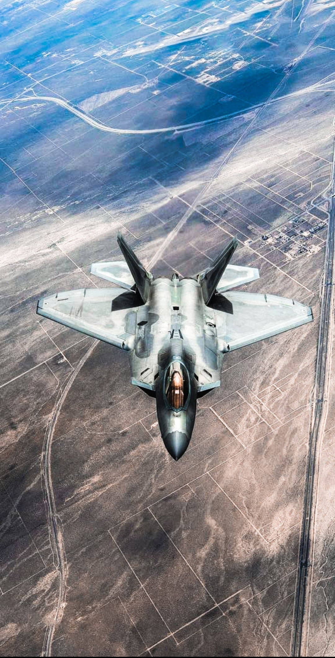 flying grey fighter jet, desert landscape, geometric fields, Full HD Phone Wallpaper