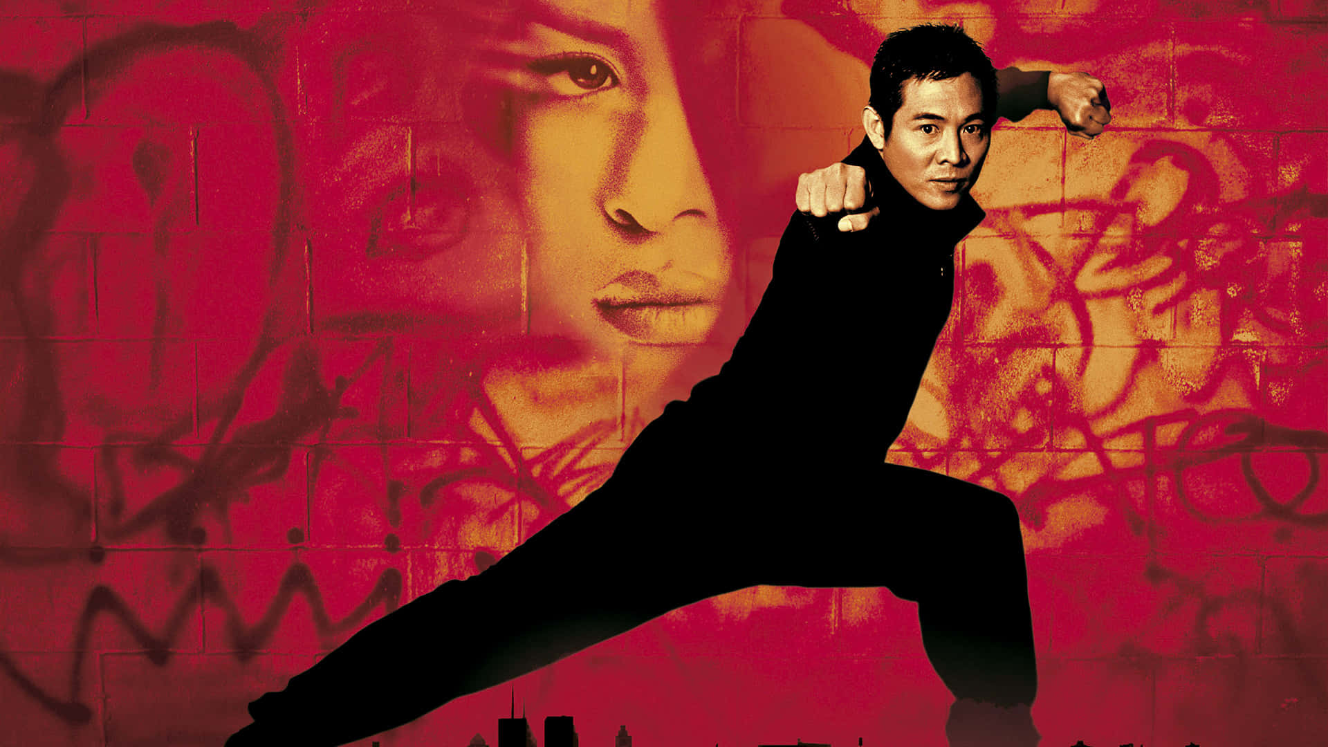 Jet Li, black silhouette, vivid red graffiti wall, Full HD Desktop Wallpaper
