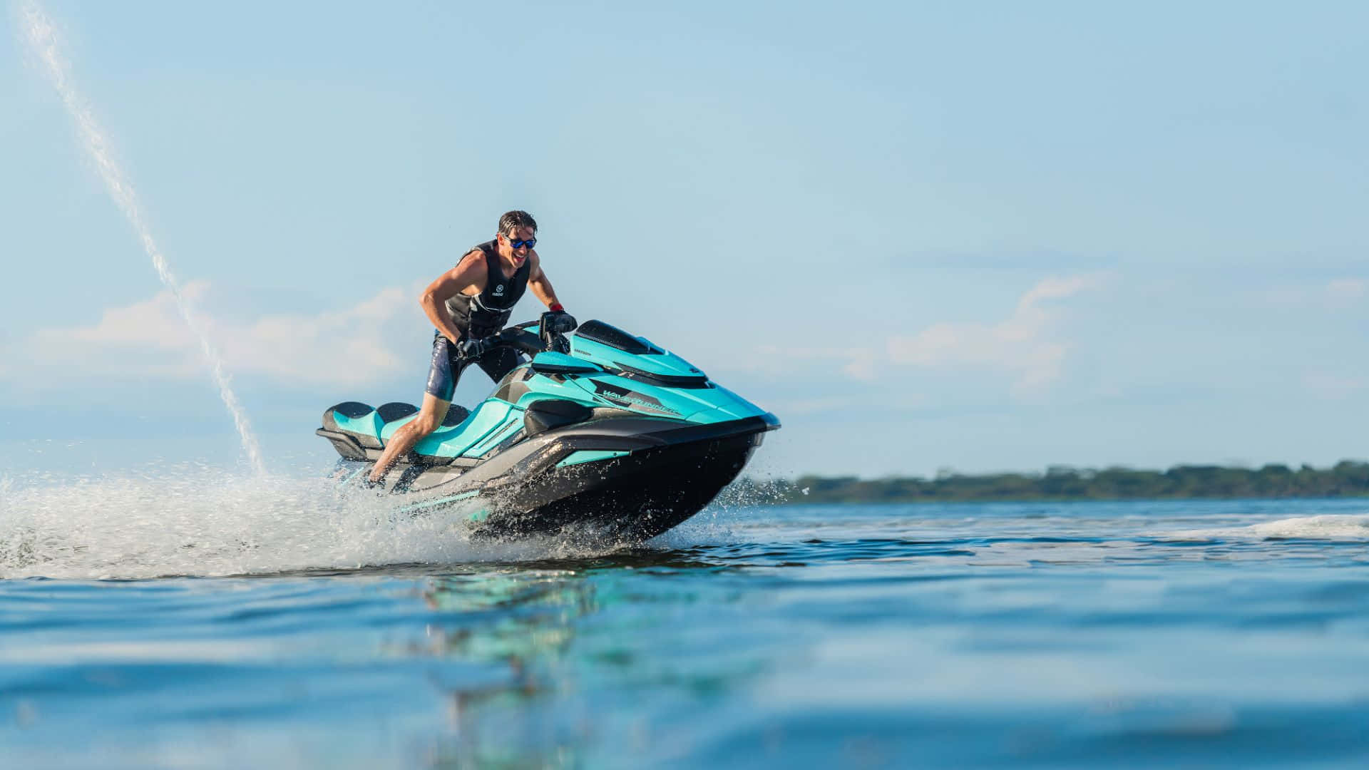 blue and black jet ski, turquoise jet ski, sunlit blue water, Full HD Desktop Wallpaper