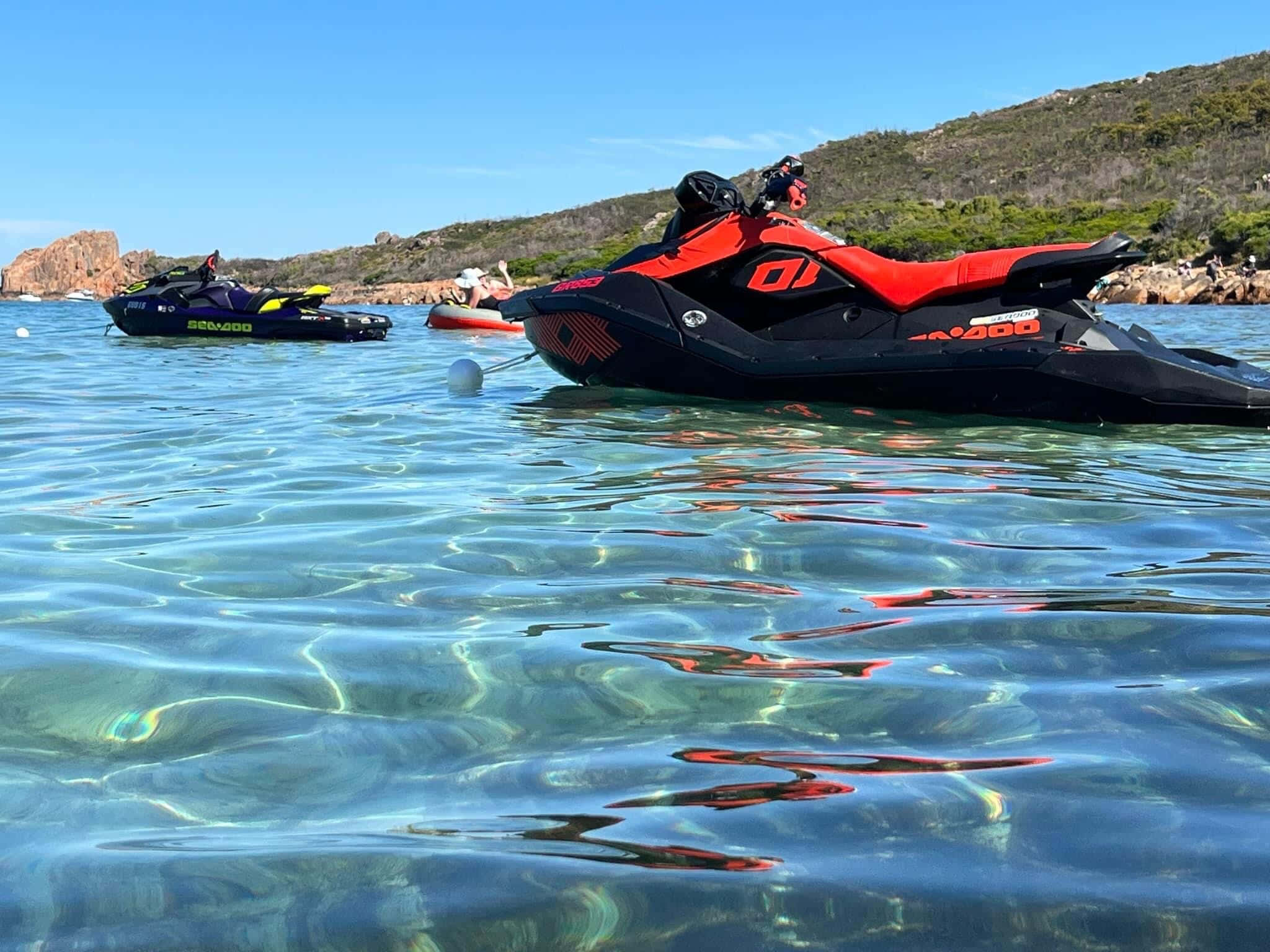 jet ski, turquoise water, rocky hills, Full HD Desktop Wallpaper
