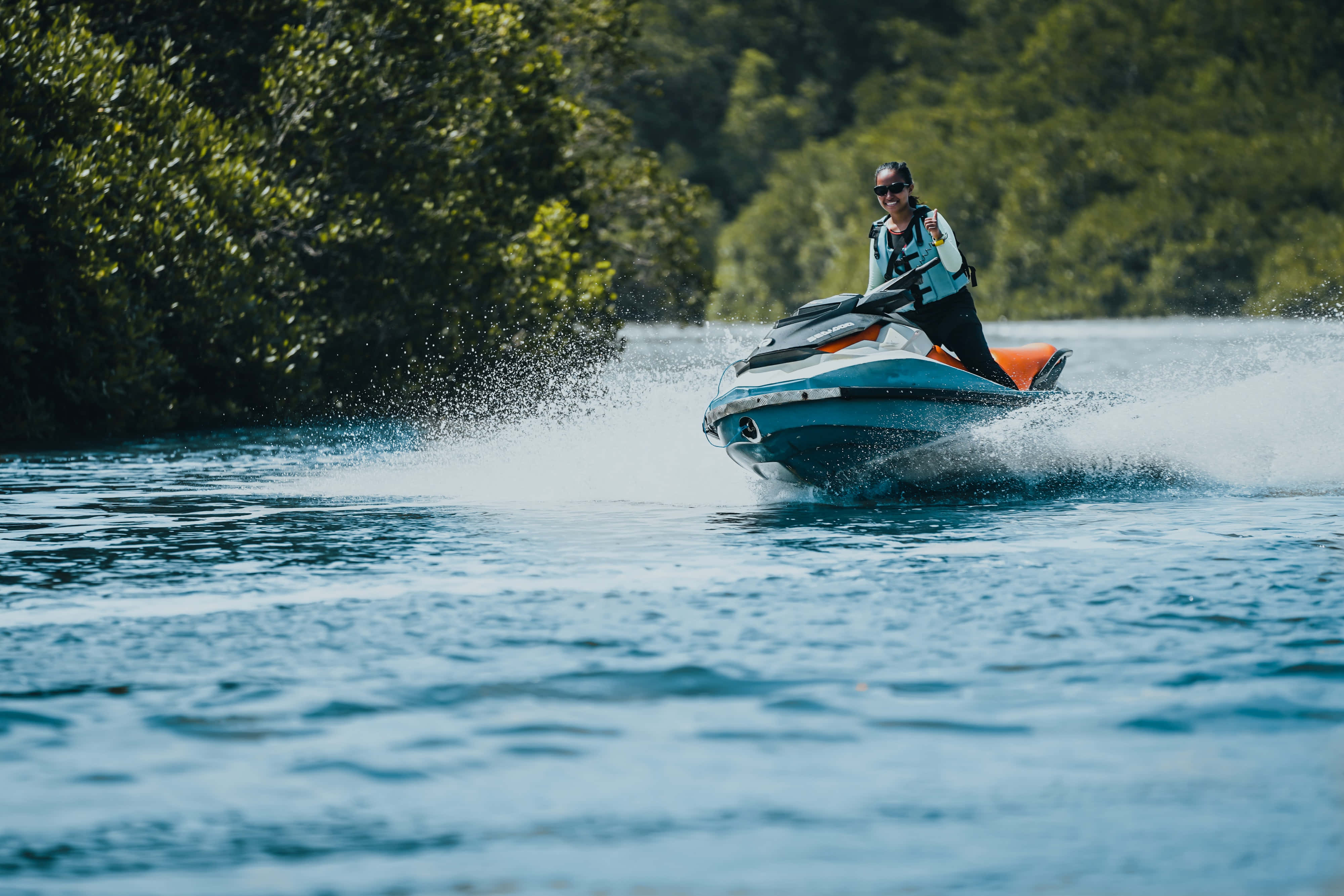 woman jet ski pilot, blue and orange jet ski, turquoise water, 4K Desktop Wallpaper