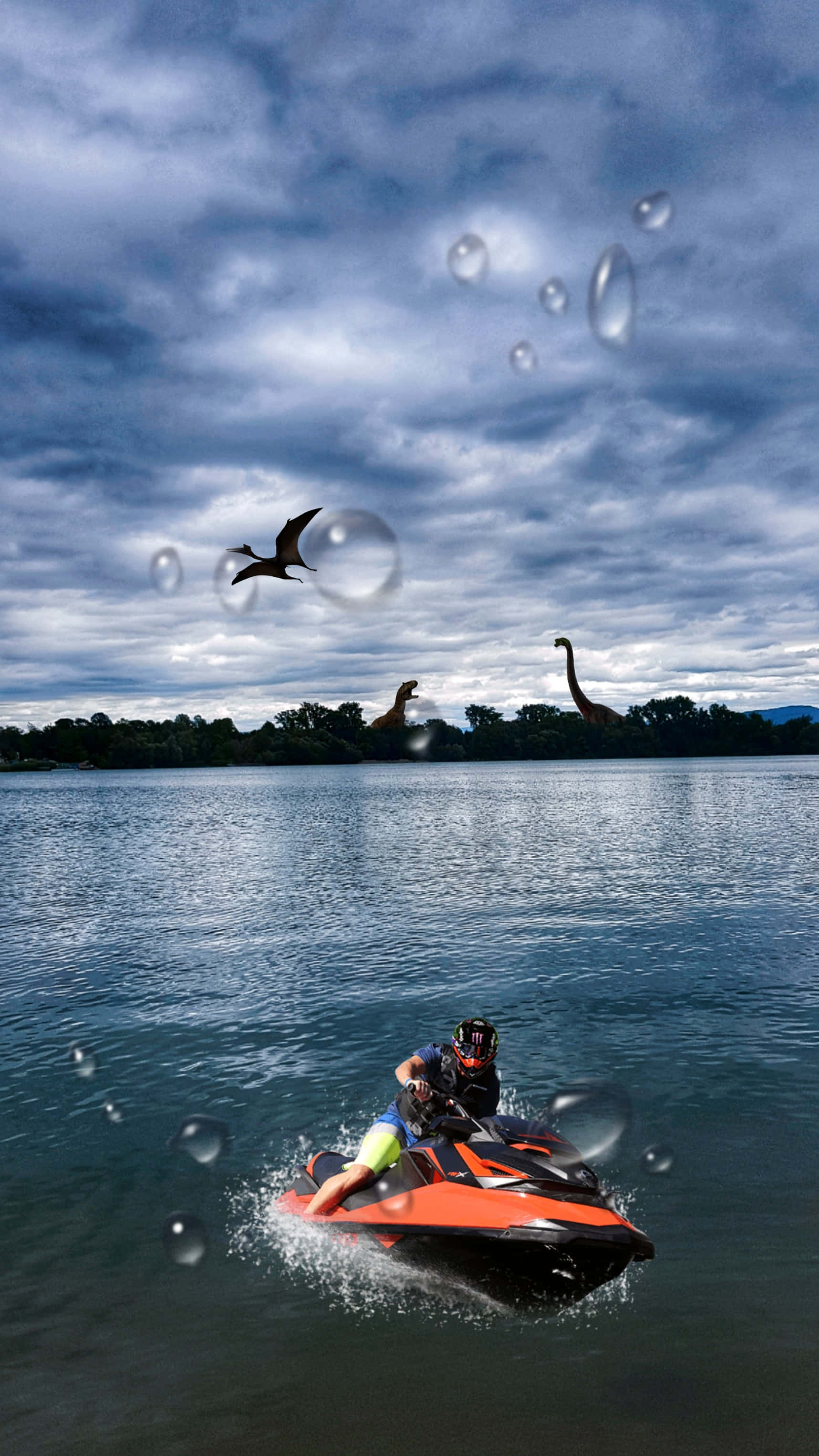 jet ski, orange jet ski, pterosaurs, 2K Phone Wallpaper