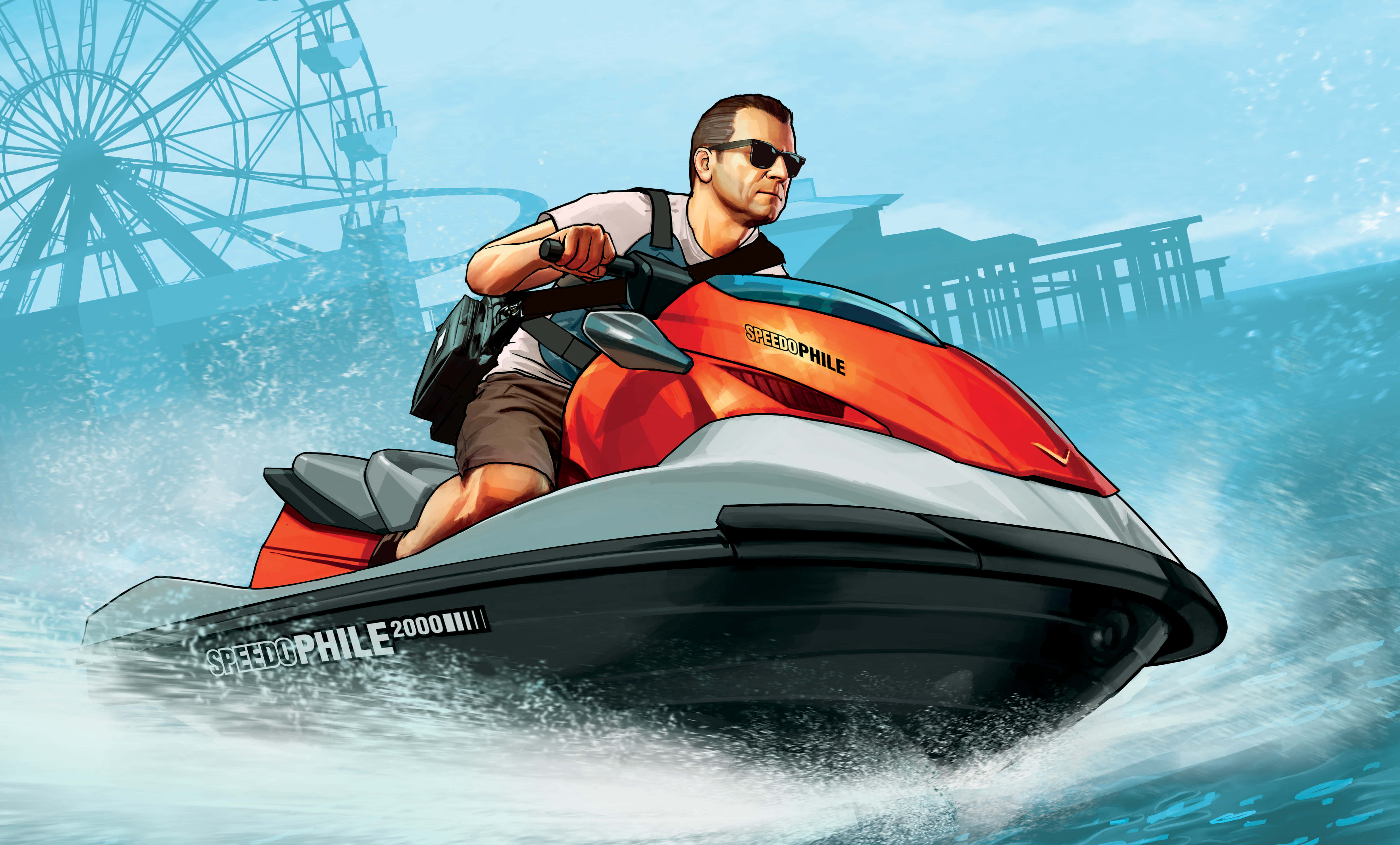 Jet Ski Man, red jet ski, choppy blue water, 5K Desktop Wallpaper