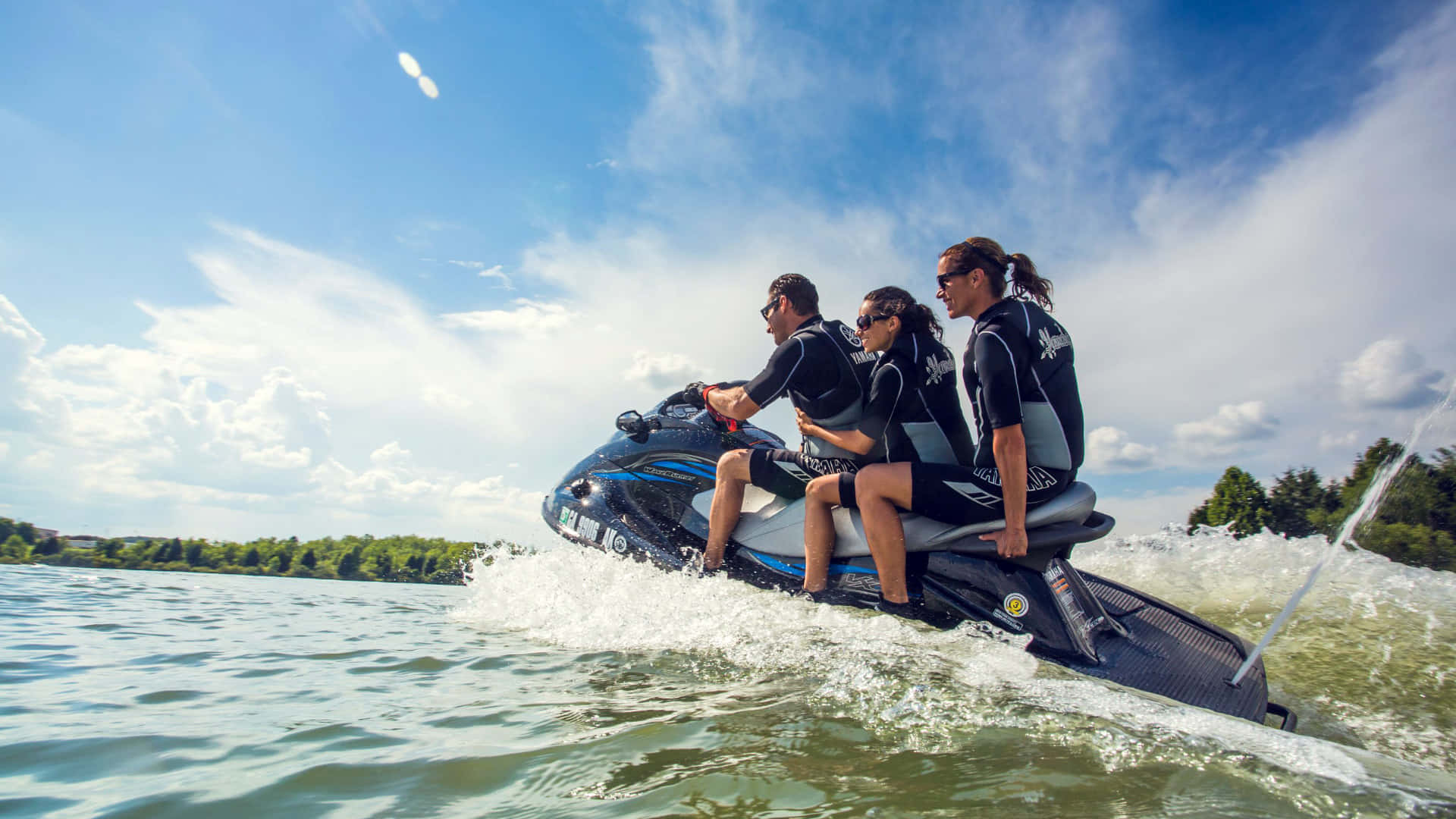 jet ski, sunlit lake, bright blue sky, Full HD Desktop Wallpaper