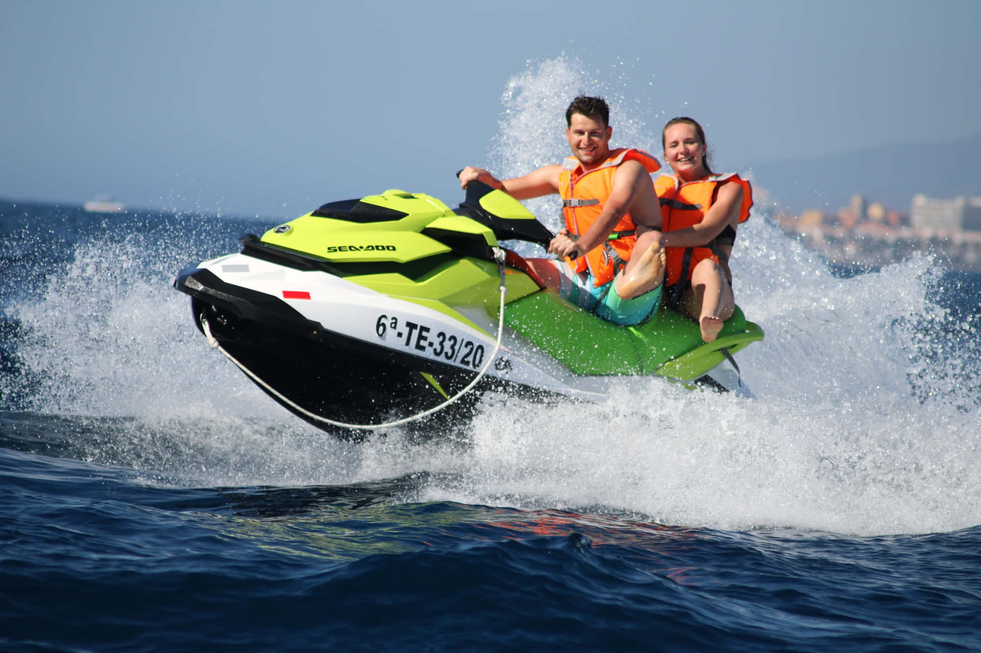jet ski, bright green, blue ocean waves, Full HD Desktop Wallpaper