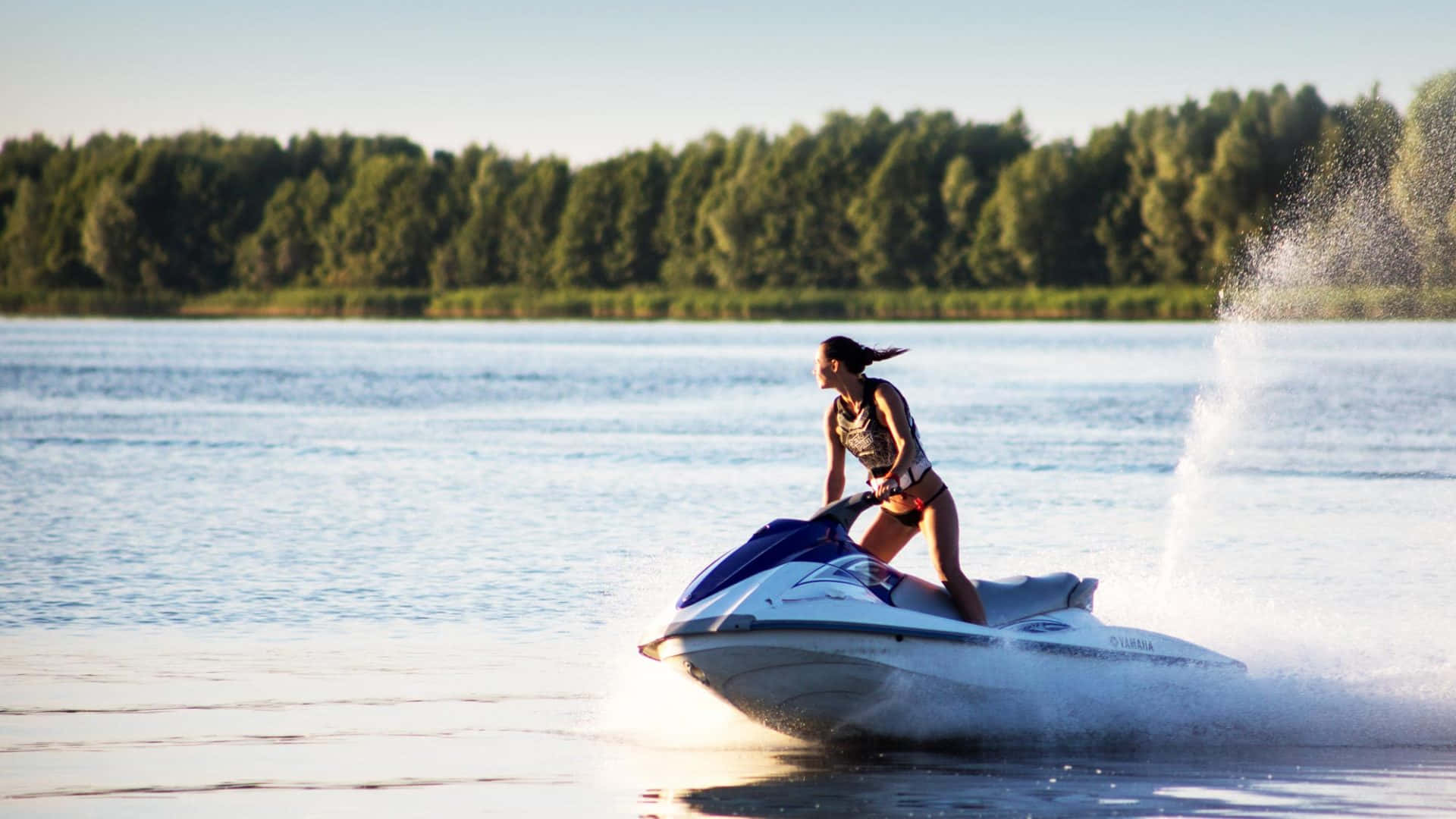 blue and white jet ski, calm water, forested shoreline, Full HD Desktop Wallpaper