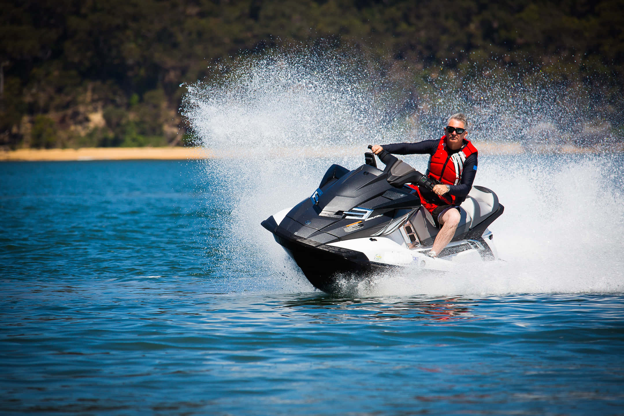 matte black jet ski, red life vest, black and white jet ski, Full HD Desktop Wallpaper