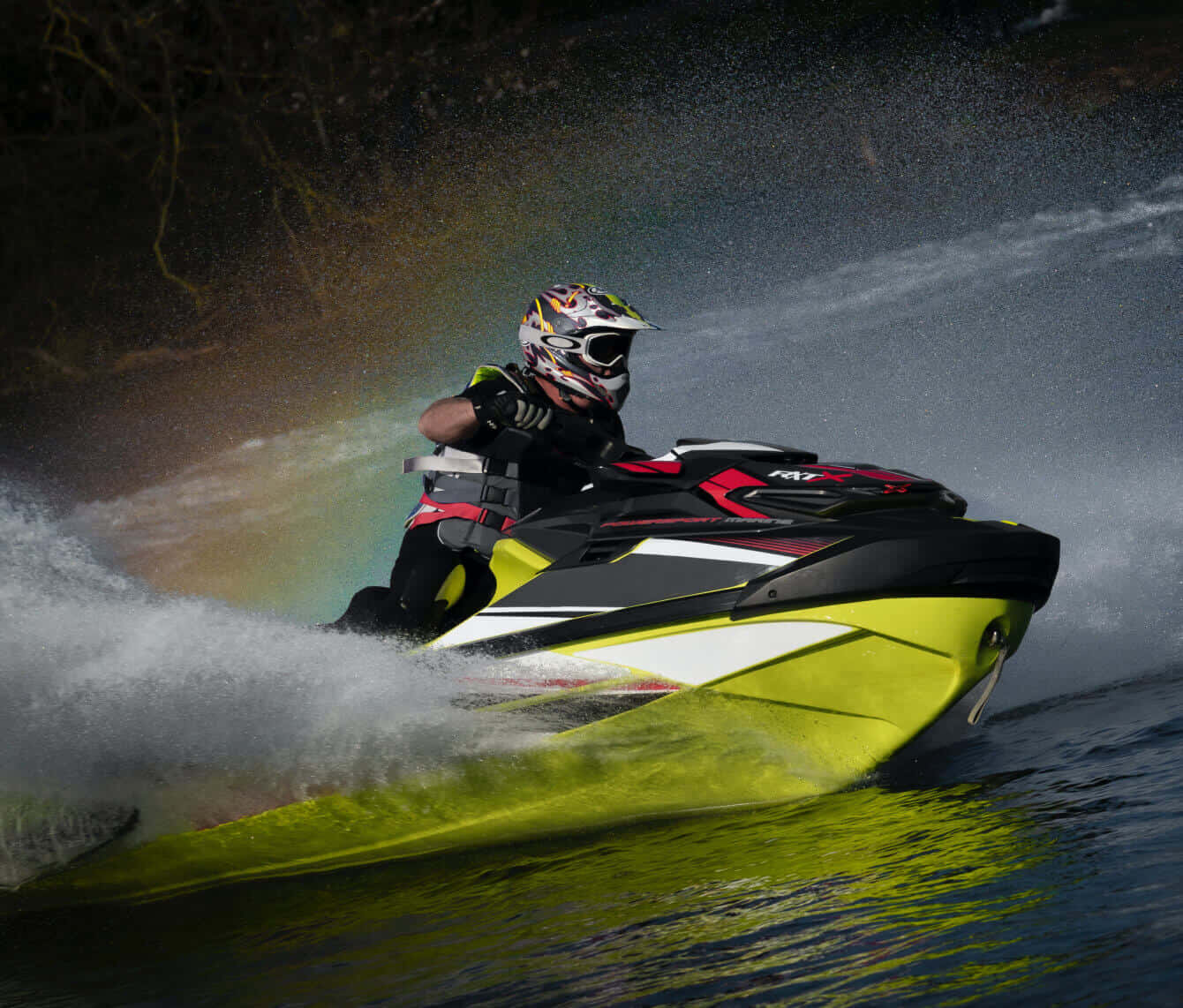 jet ski, neon yellow, rainbow spray, HD Desktop Wallpaper
