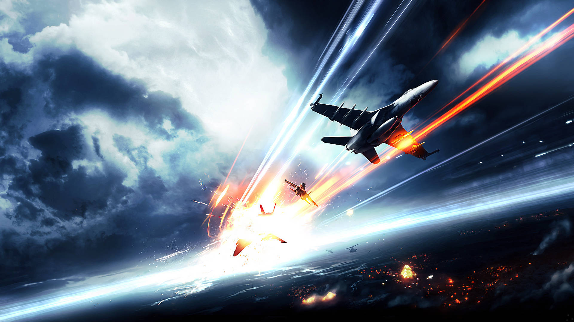 futuristic fighter jets, stormy sky, fiery trails, Full HD Desktop Wallpaper
