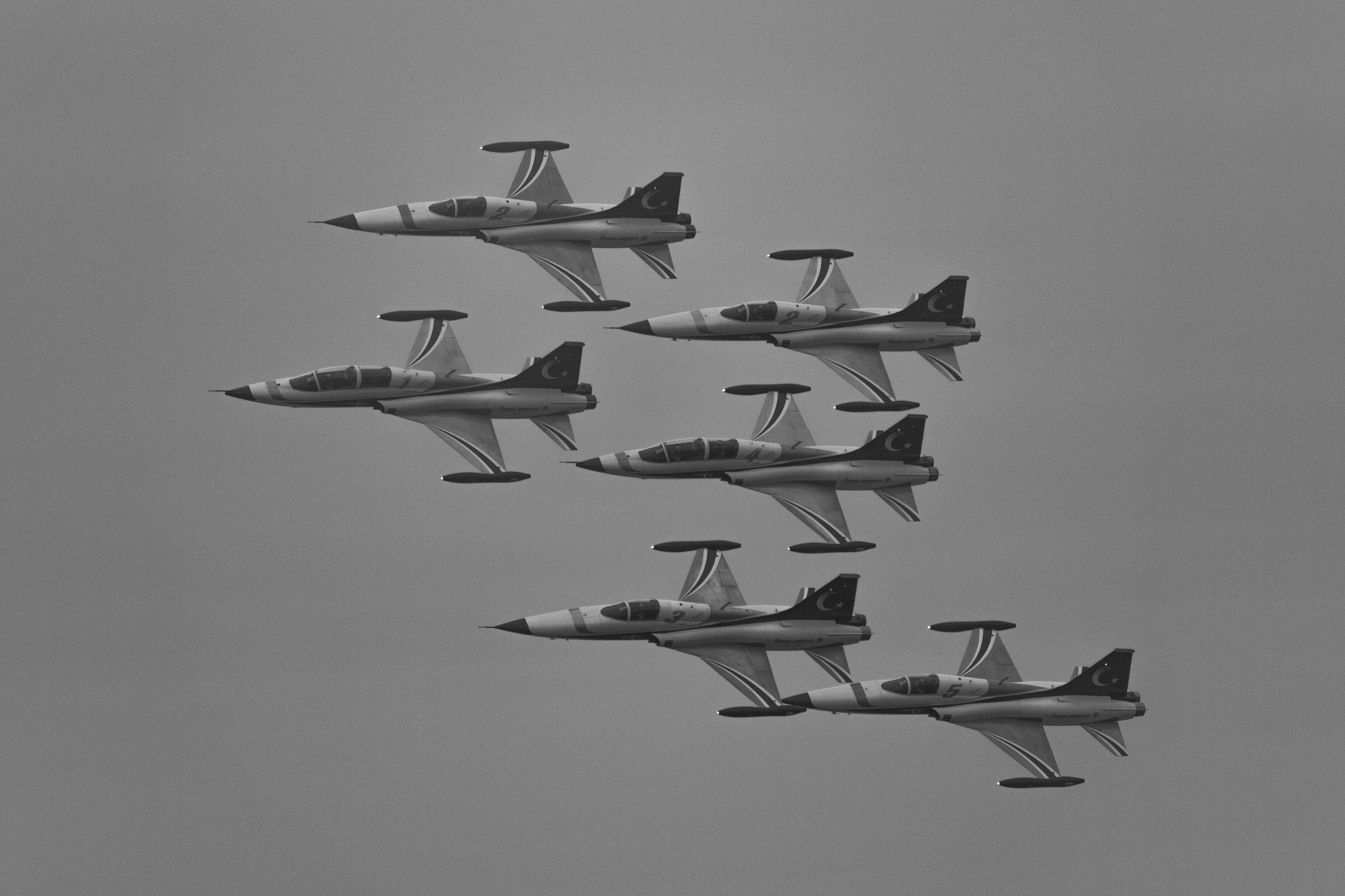 fighter jets, tight formation, muted gray sky, 4K Desktop Wallpaper