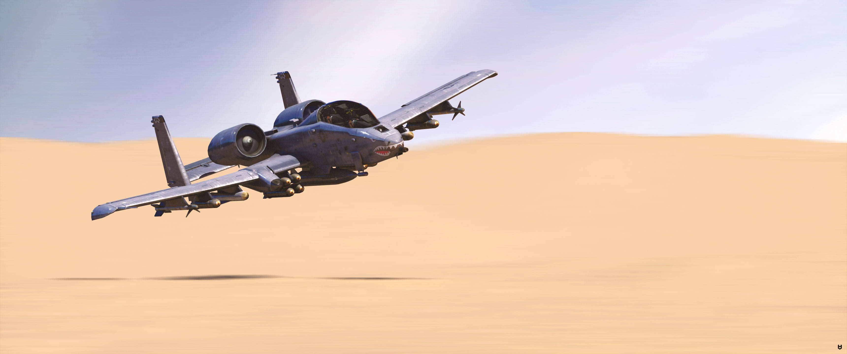 dark blue fighter jet, golden desert dunes, pale sky, 2K Desktop Wallpaper