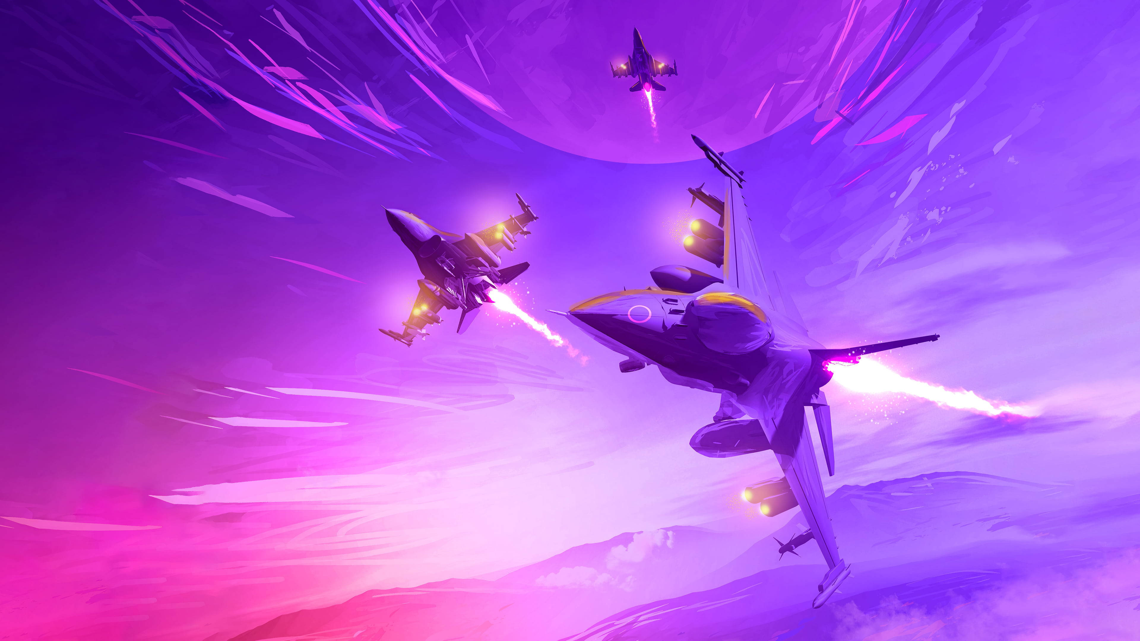 purple anime jet fighter, vibrant purple and pink sky, fiery trails, 4K Desktop Wallpaper
