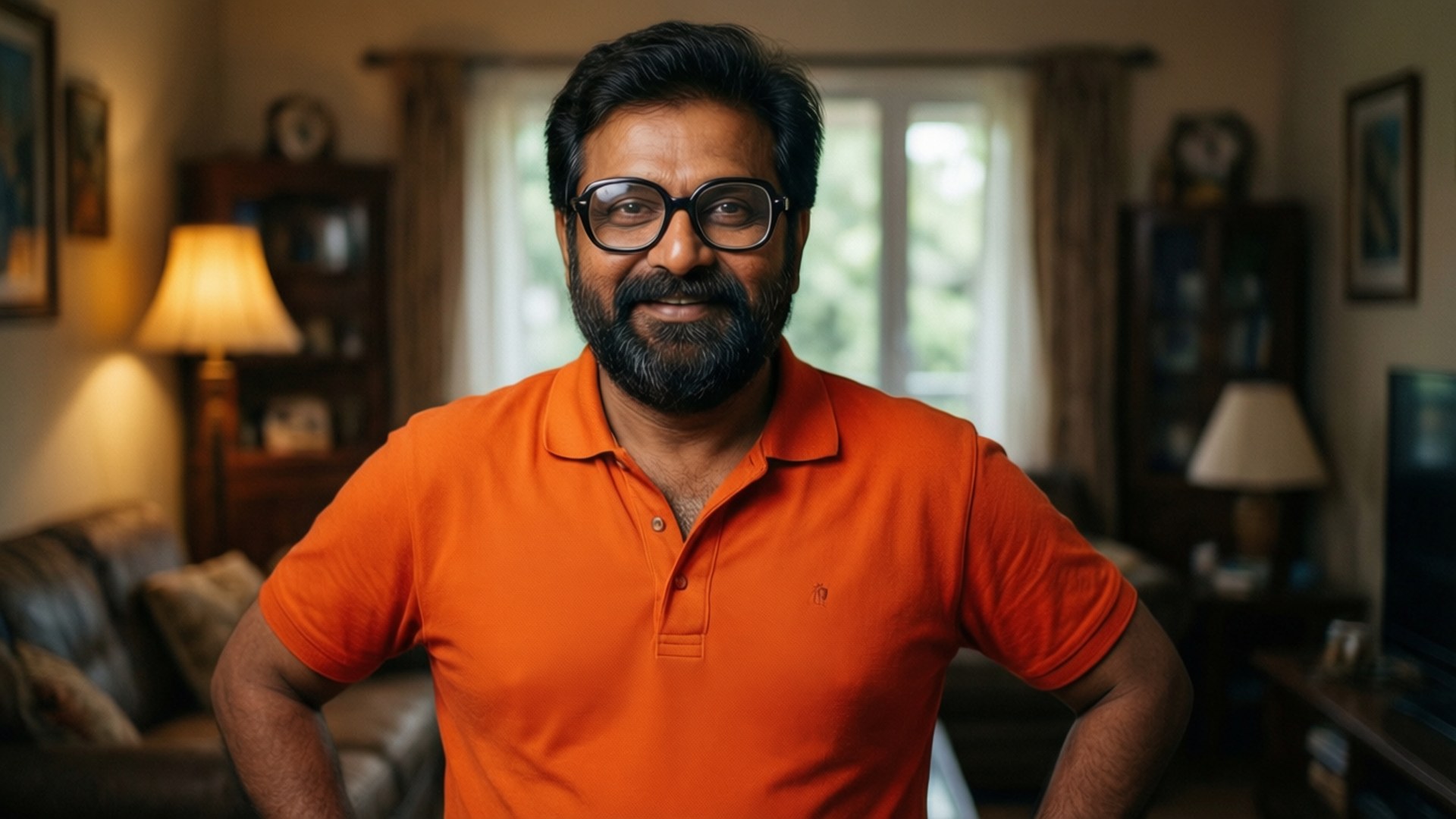 Jethalal, orange polo shirt, glasses, Full HD Desktop Wallpaper